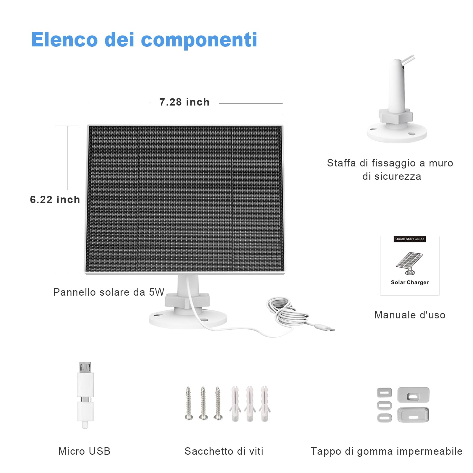 Pannello Solare per Telecamera da Esterno Eufy, Compatibile con Eufycam, Alimentazione Continua, Pannello Solare con Cavo di Ricarica da 9,8 Piedi, 2 Confezioni