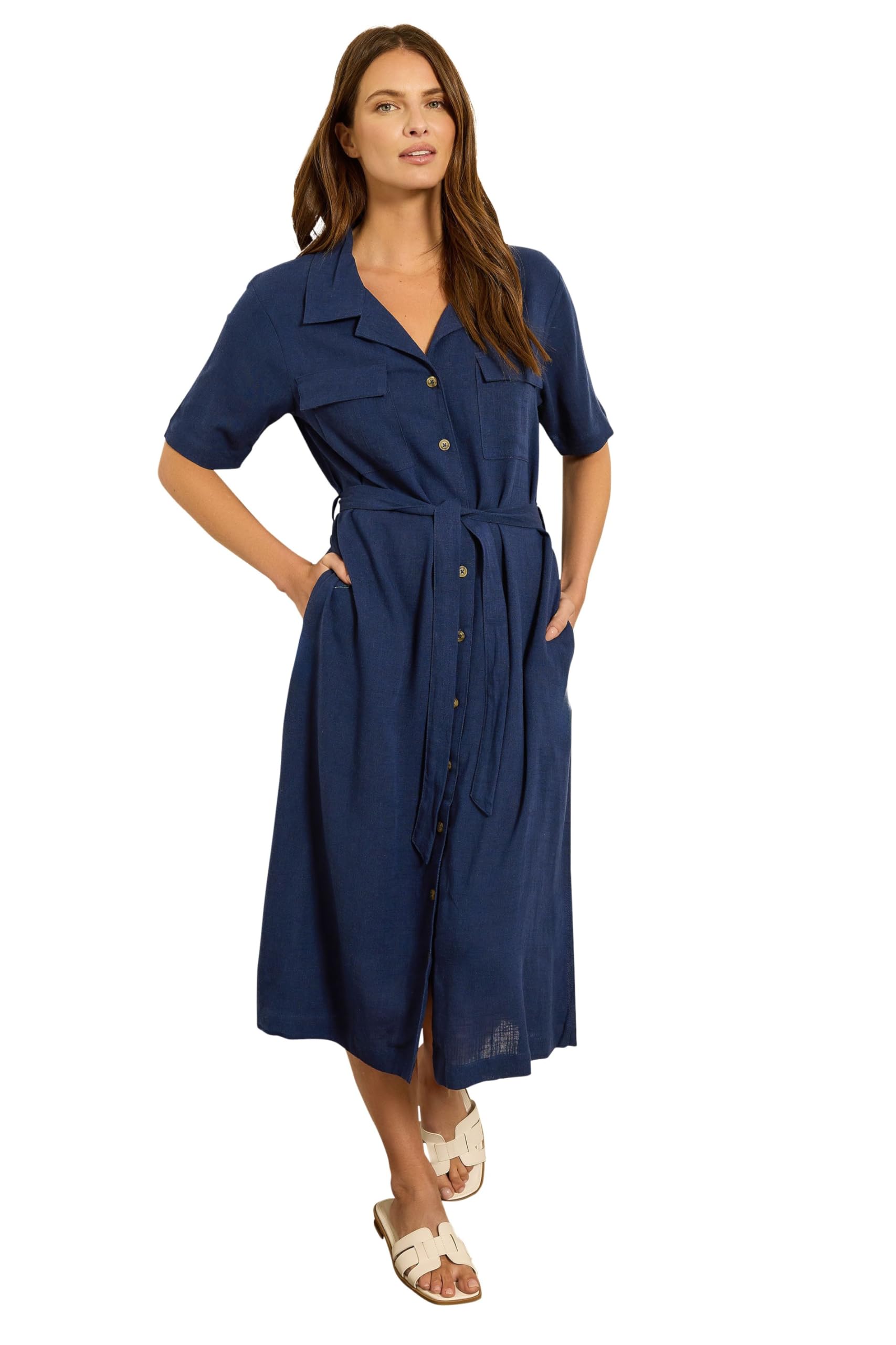 M&Co Women's Dark Navy Linen Shirt Dress In | : Size 14