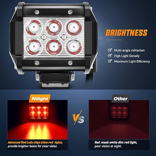 Miniatura 3 de Nilight Foco de Luz LED Roja de 4 pulgadas Luz Antiniebla de Conducción Puntual, 2 Piezas, 18W, Fuera de Carretera, Pesca, Caza, Emergencia, Señal