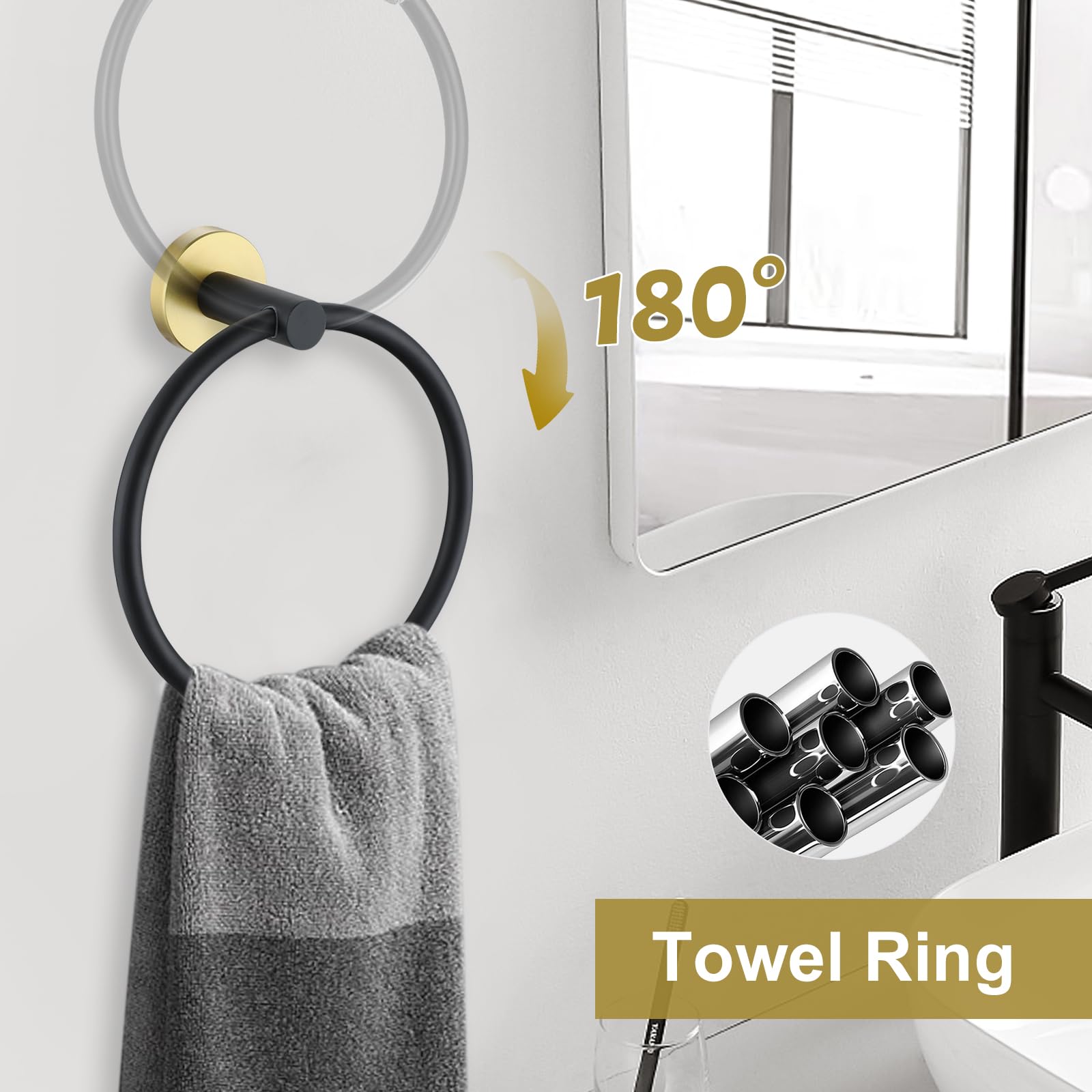 Juego de 10 toallas redondas negras y doradas para baño, juego de accesorios de baño, soporte de papel higiénico, toallero, juego de toallero para baño, juego de baño de acero inoxidable montado en la