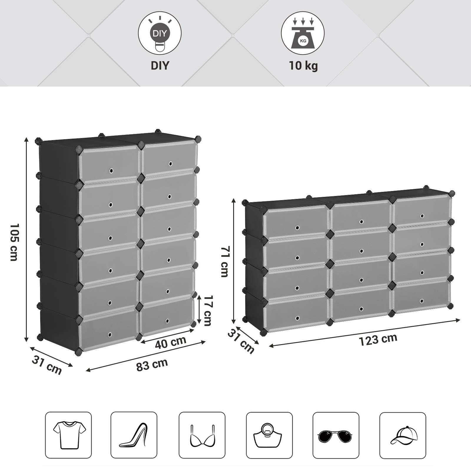 SONGMICS LPC26HV1 Regał na buty z tworzywa sztucznego, system regałowy, regał wtykowy, regał do przechowywania, szafa na ubrania, metalowy drut, 83 x 31 x 105 cm, czarny