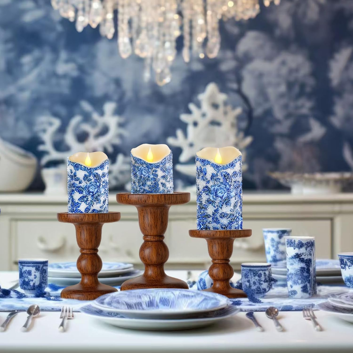 3 Pcs Blue and White Flameless Candles, Chinoiserie Decor Battery Operated LED Candles with Remote and Timer, Blue Candles with Floral Print, Wave Top Pillar Faux Candles for Wedding Home