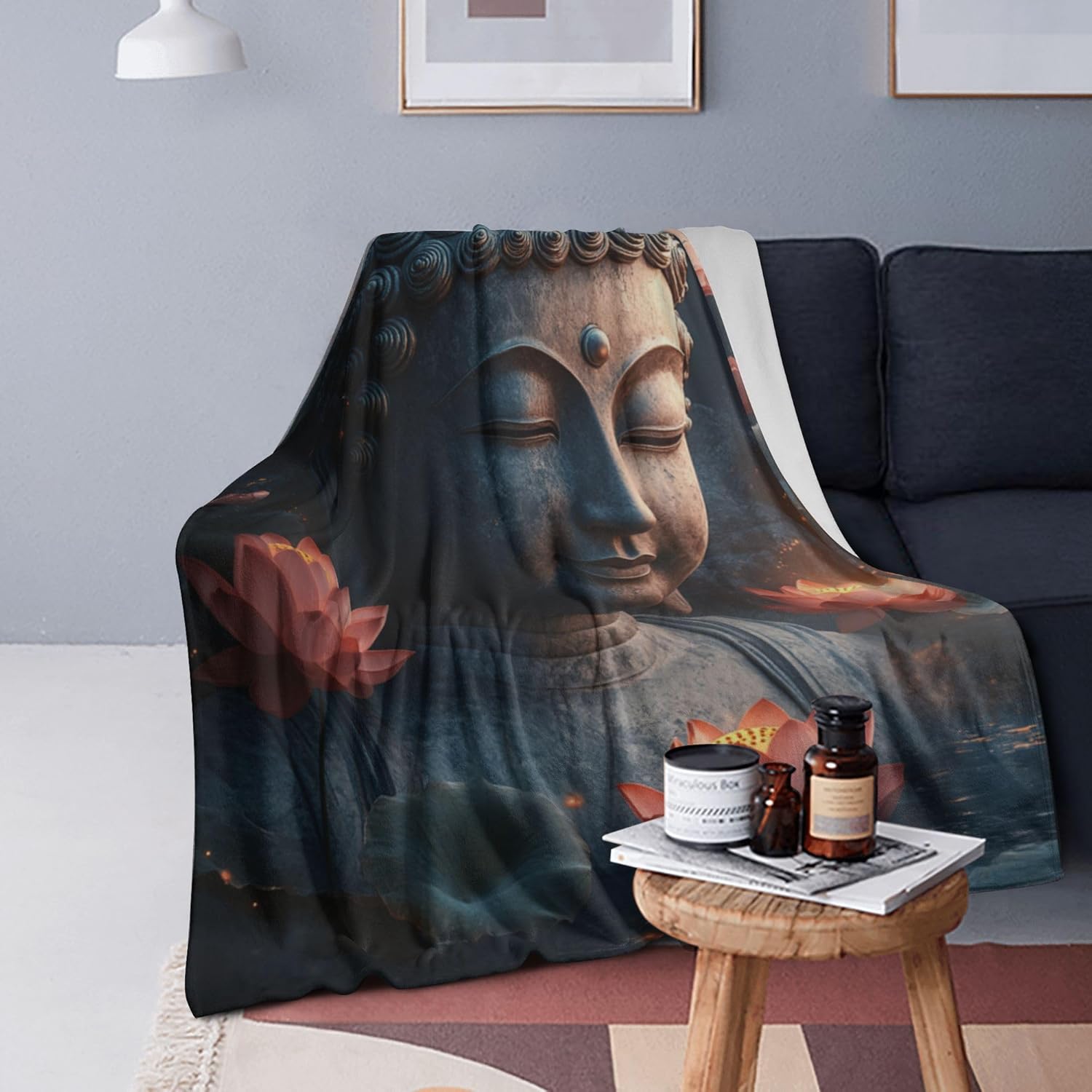 Buddha Throw Blanket Buddhist Religion Soft Warm Cozy Meditation Zen Blankets Fuzzy Plush Fleece Buddhism Lotus Blanket for Couch Bed Sofa Home Decor 50''X60''