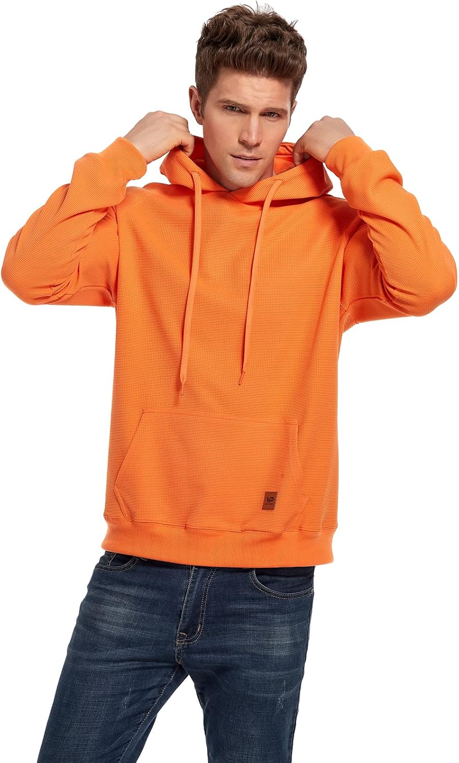 VICT POPU Hoodies For Men Pullover Long Sleeve hooded Plaid Jacquard With Big Pockets Solid Color Sweatshirt XX-Large Orange