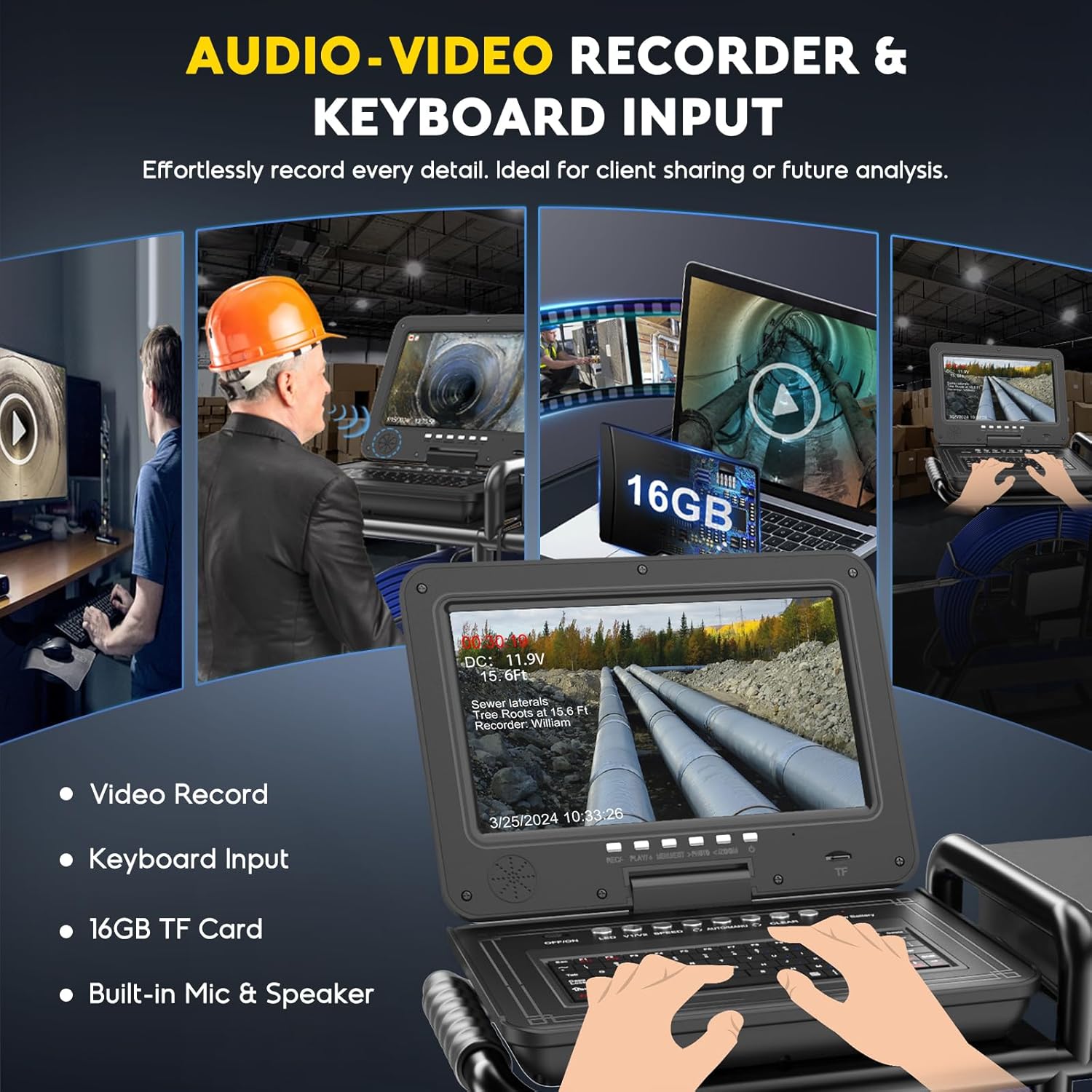 Self Leveling Sewer Camera - 265ft, 0.28in Thicker Cable, 512Hz Transmitter, Distance Counter, Audio/Video Record, Keyboard Input, 10.1'' 1080P IPS Screen Pipe Plumbing Camera Snake