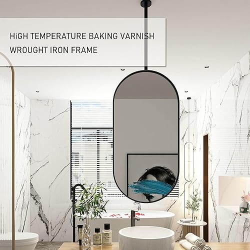 Miniatura 3 de JBKYANAN Espejo de barra colgante montado en el techo con marco de metal negro y pluma, espejo decorativo simple transparente y práctico, espejo de