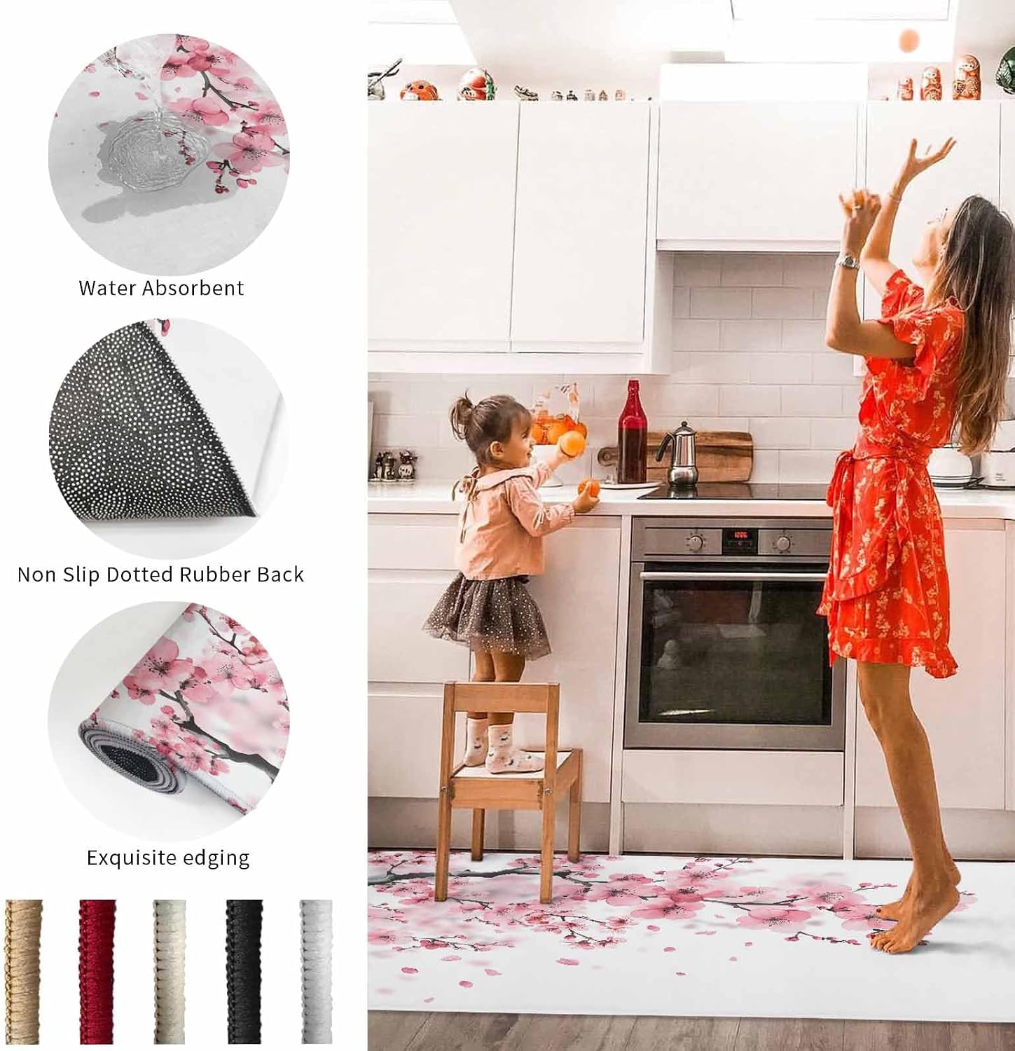 2 Pieces Kitchen Rugs and Mats,Watercolor Pink Cherry Blossom Area Runner Rug Set Non Slip Floor Doormat Washable Carpet Standing Mat for Kitchen Sink Indoor Corridor,Natural Flower Tree Scenic