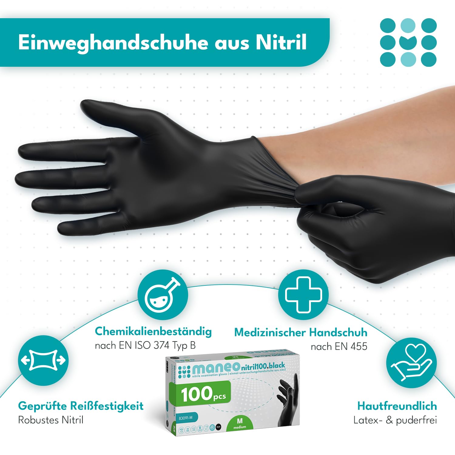 maneo 100x Einweghandschuhe Schwarz, Nitril Handschuhe puderfrei L | Einmalhandschuhe, Handschuhe Einweg, latexfreie Gummihandschuhe, Nitrilhandschuhe, Putz-, Koch- & Haushalts-Handschuhe