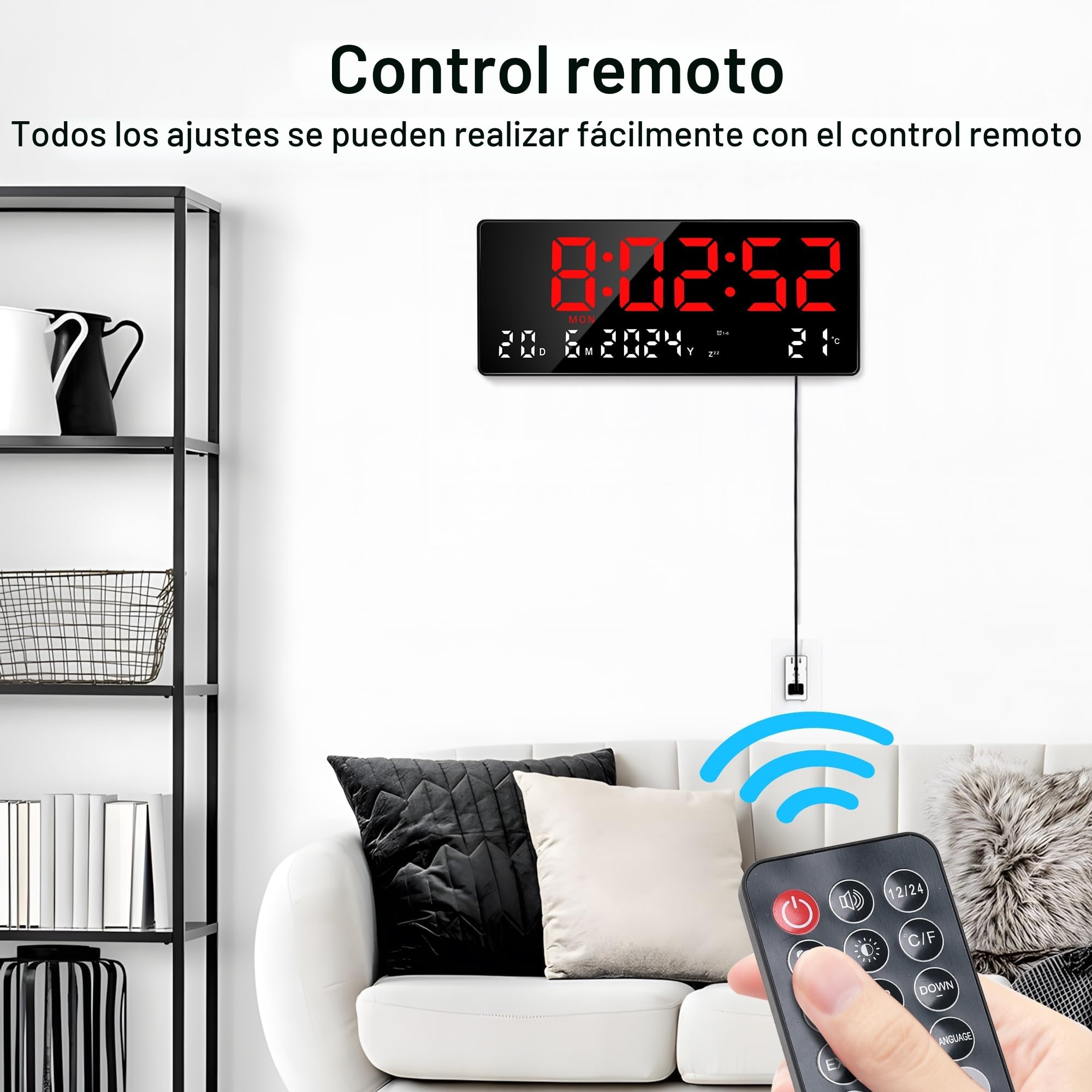 Lafocuse 15.5" Reloj de Pared Digital con LED Pantalla Grande, Silencioso Reloj Digital Sobremesa con Temperatura, Fecha, 2 Alarma, 12/24 Horas, Brillo Ajustable, para Salon Cocina Oficina, Rojo