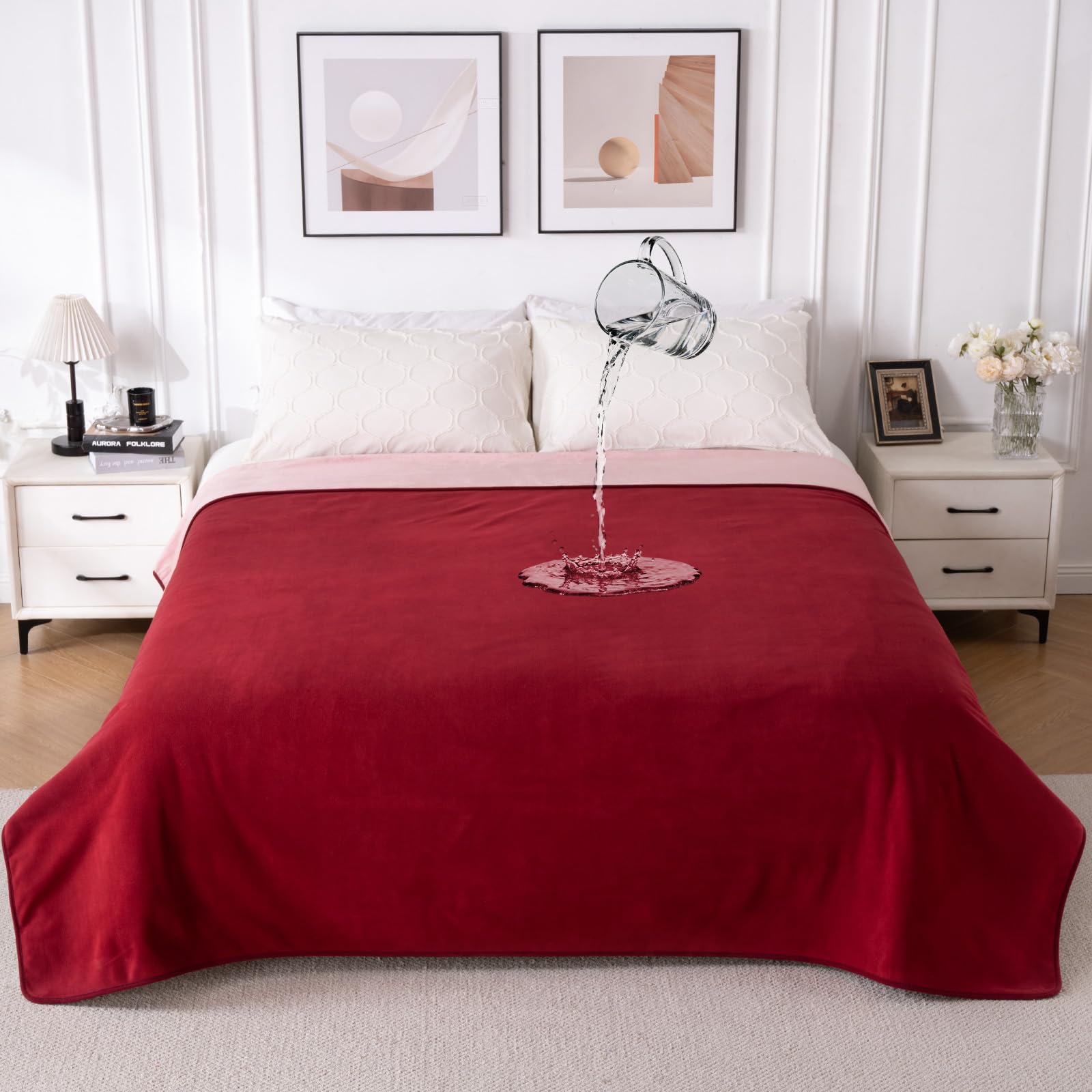 Qiyi Burgundy/Rose Pink Waterproof Blanket For Bed, Large Washable Reversible Bed Cover, Leakproof Spill-Proof Furniture & Mattress Protector For Pets Dogs Cats, 203X229cm, /Pink