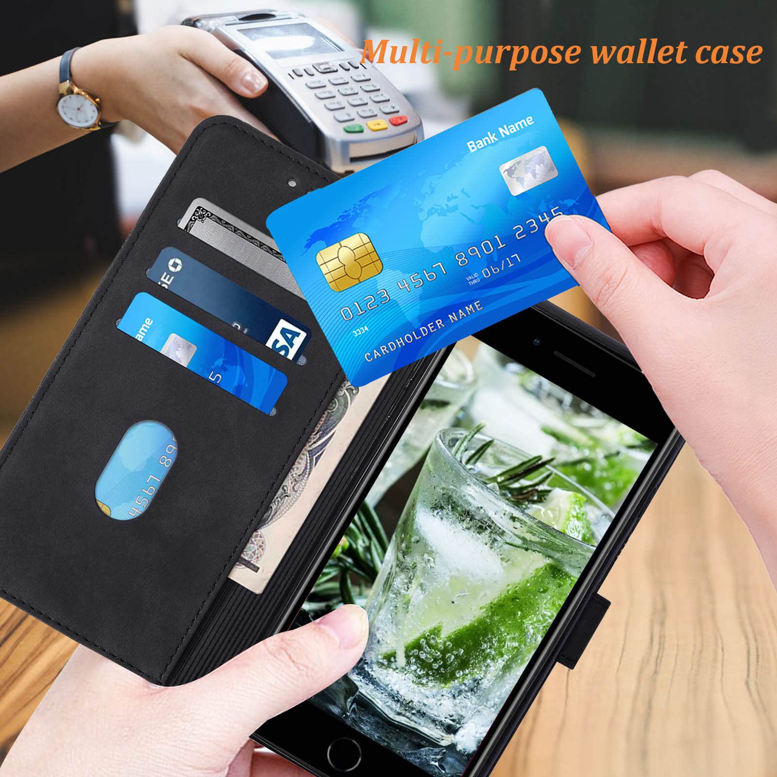 Moment Dextrad for iPhone 8 Plus Case Wallet,iPhone 7 Plus Case,6/6S Plus Case,[Kickstand][Wrist Strap][Card Holder Slots] PU Leather Protective Folio Flip Cover (Black)