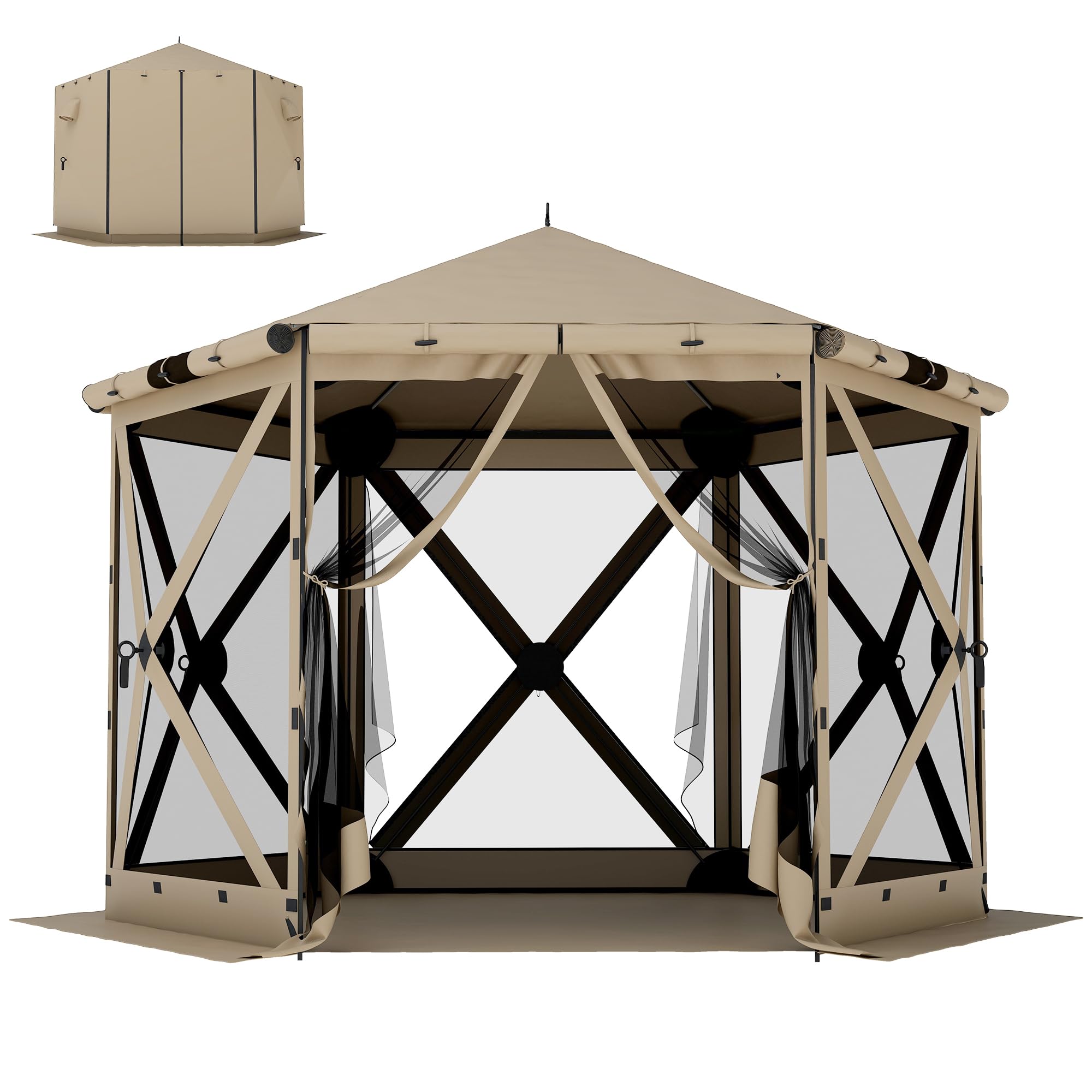 Outsunny 3mx2.6m Gazebo Esagonale con Tappeto impermeabile Cachi