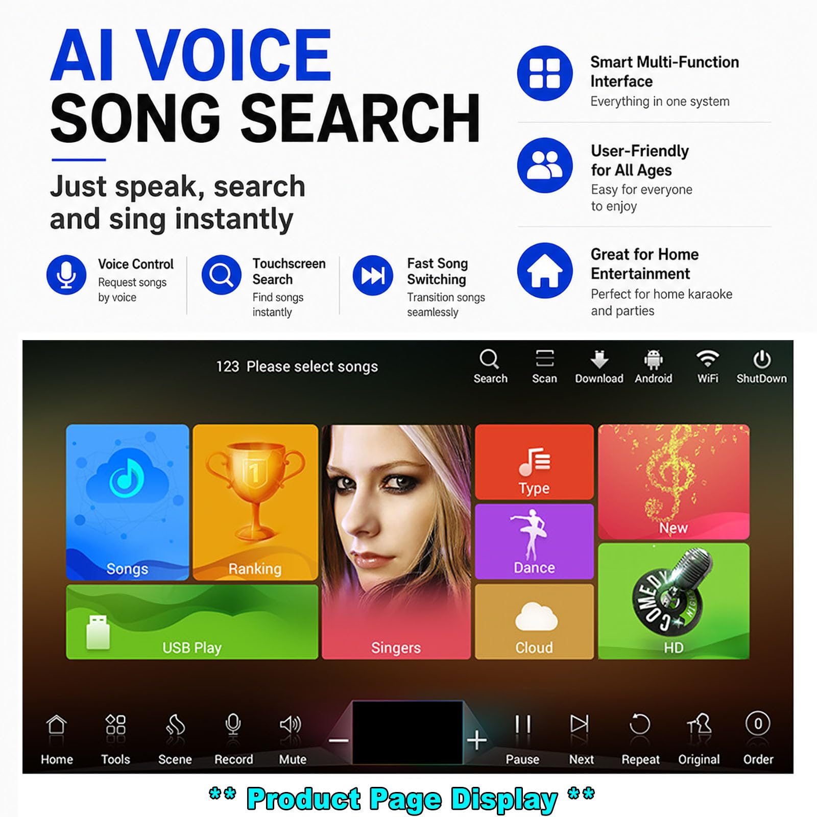 Macchina per Karaoke con Schermo Touchscreen da 21,5 Pollici, 2 Microfoni Wireless, Ricerca Vocale di Brani Tramite Ia, Dsp Integrato, Controllo Tramite App Wi-Fi, 3 TB, 4 TB, 6TB