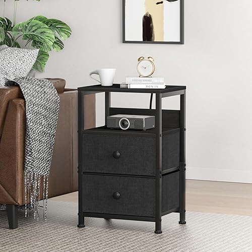 Miniatura 2 de Mesita de noche con estación de carga y puertos USB, mesa auxiliar con cajones de tela, estante de almacenamiento, mesa auxiliar para sofá cama,