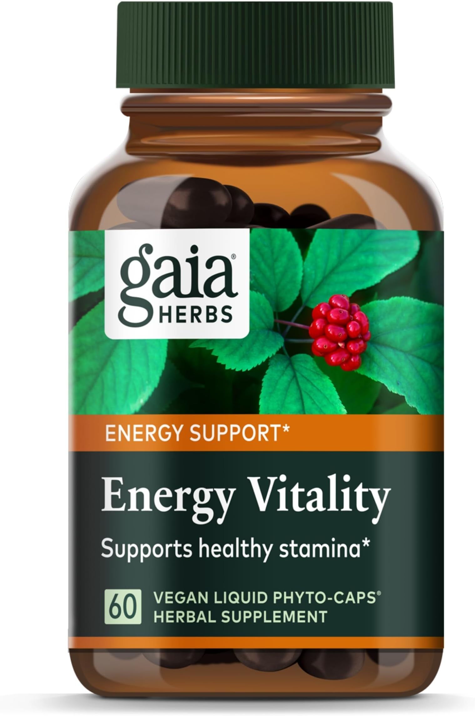 Gaia Herbs Energy Vitality - Energy Support Supplement to Maintain Healthy Energy and Stress Levels - with Ginkgo, Ginseng, Green Tea, and Nettle* - 60 Vegan Liquid Phyto-Capsules (20-Day Supply)