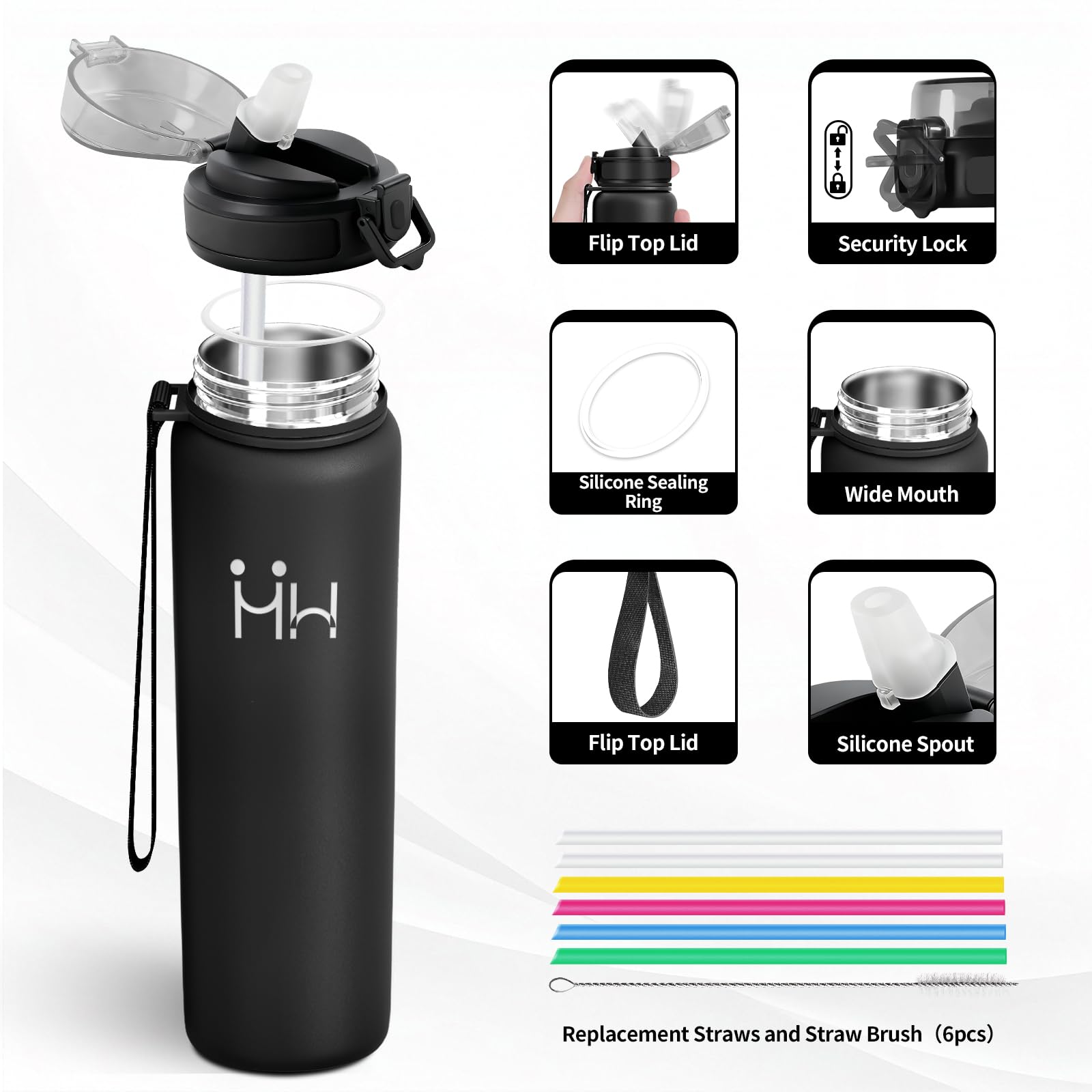 Borraccia Termica 1 Litro con Cannuccia, Borraccia Acciaio Inox senza BPA, a Doppia Parete, Bottiglia Acqua a Prova di Perdite,Thermos per Campeggio, Palestra, Gimnasio, Sport - 2