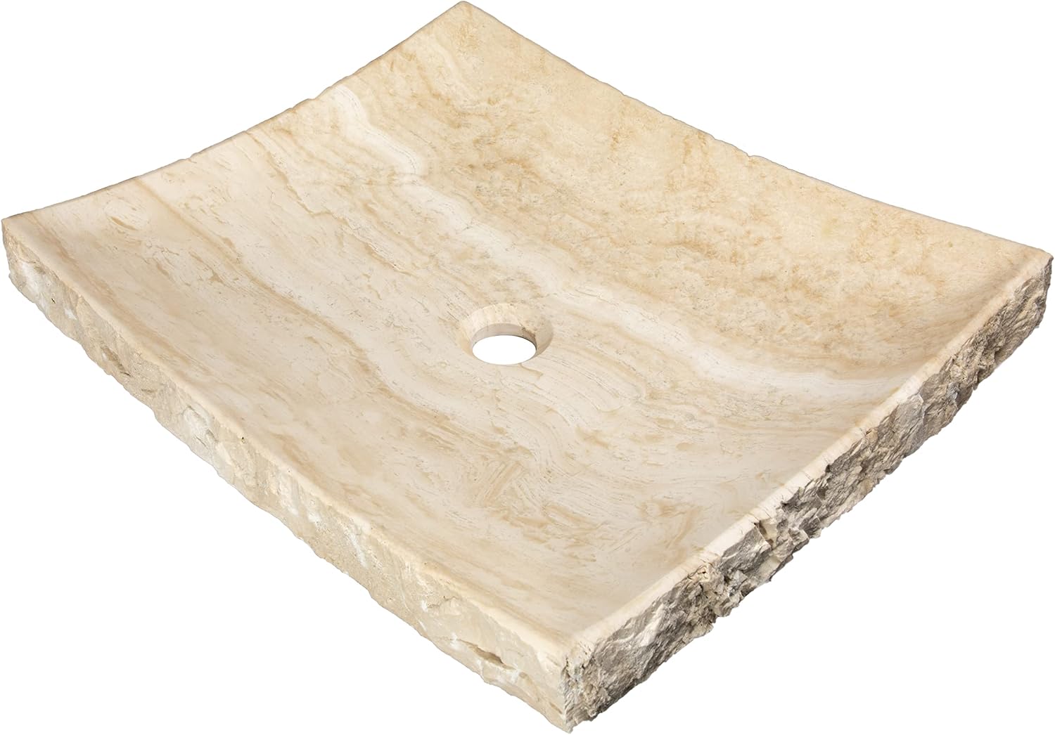 Eden Bath White Travertine Large Zen Vessel Sink – Polished Stone Basin with Chiseled Exterior