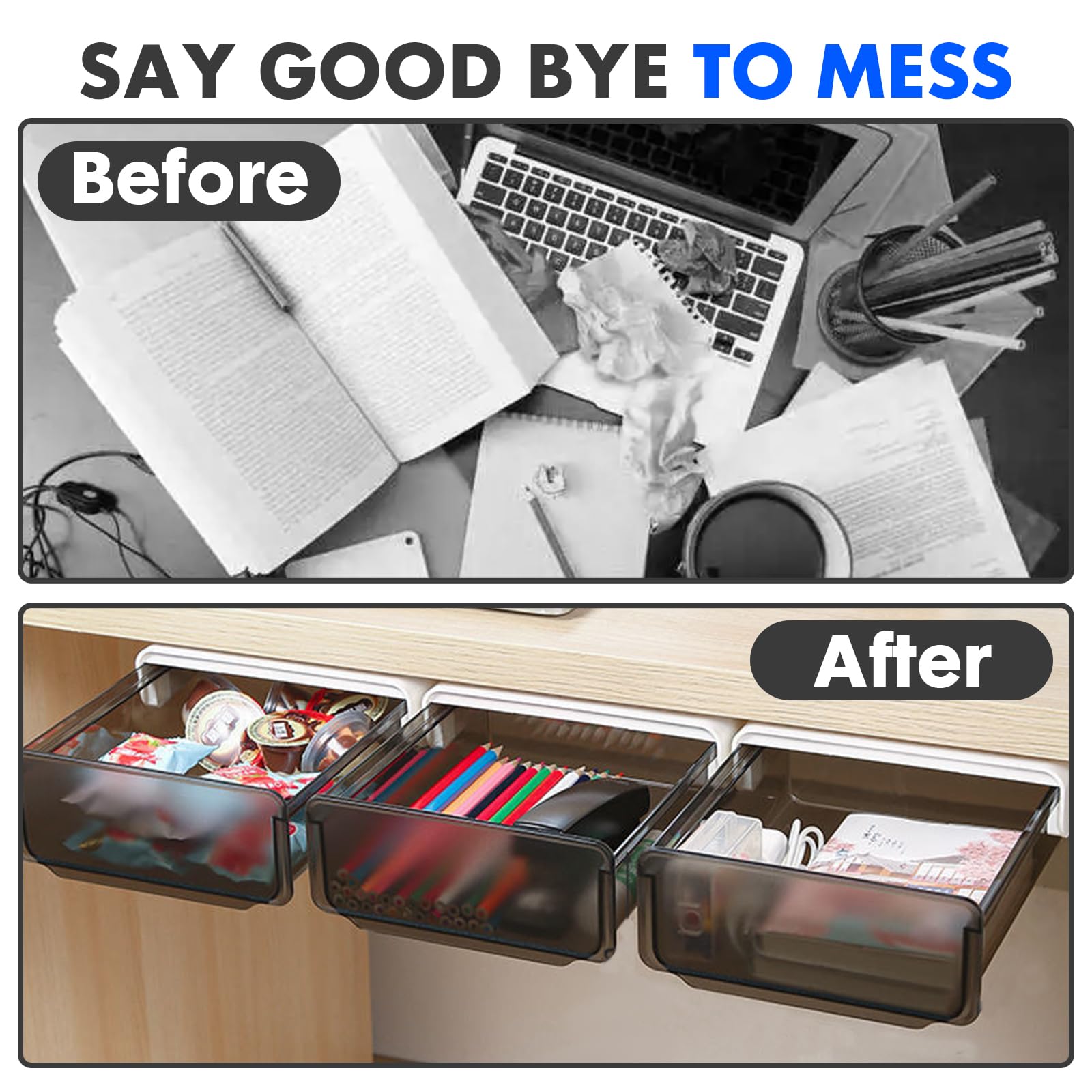 Selbstklebende Schreibtischschublade für Büro, Zuhause, Schule, Küche, 2 Packungen, versteckter Organizer, ausziehbar, große Aufbewahrung, Schreibtischablage für Büro, Zuhause, Schule, Küche (schwarz)