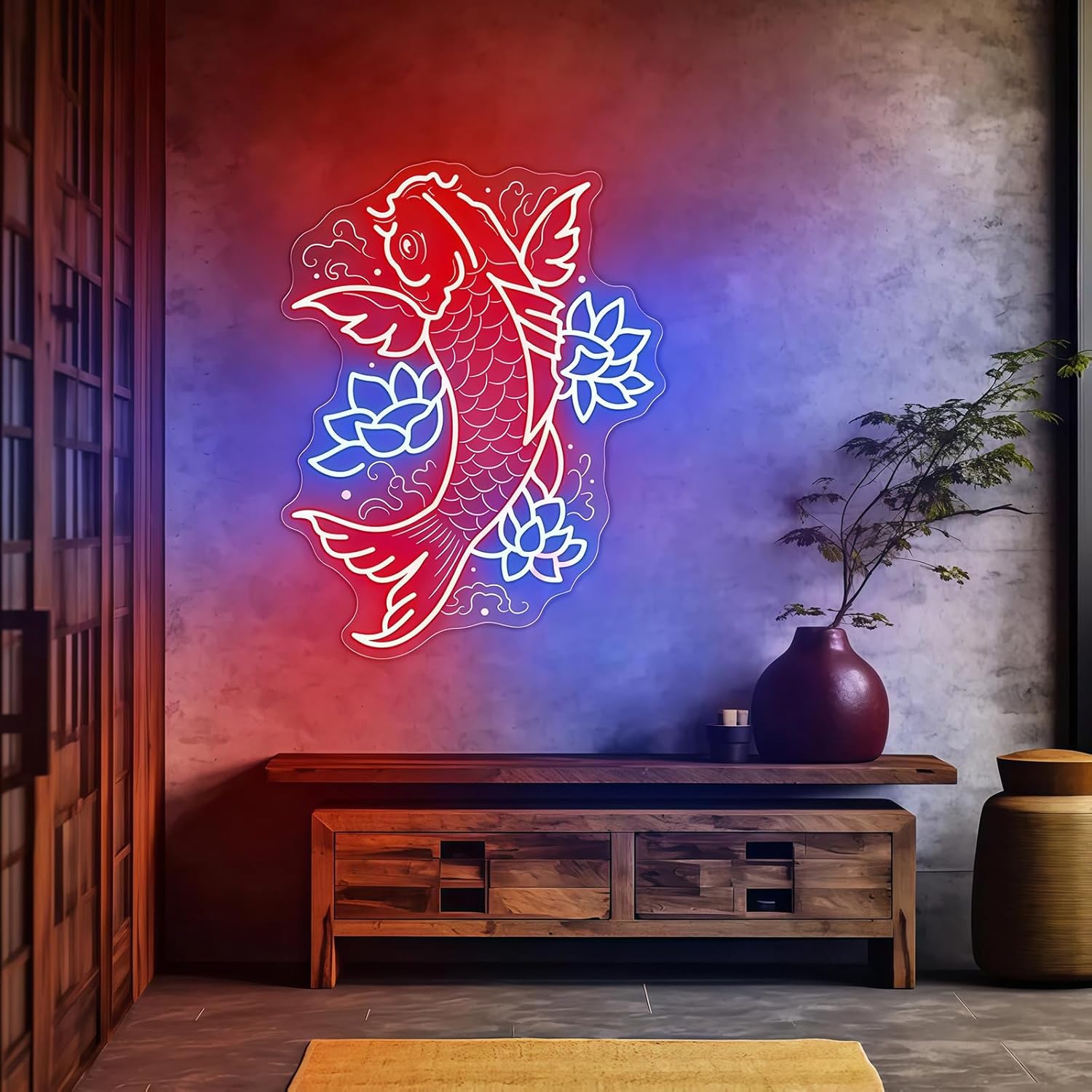 Custom Koi Fish Neon Sign, Lotus Flowers Led Neon Dimmable USB LED Neon Light for Wall Decor, Asian Style LED Light Decor for Bedroom Living Room Home Bar Japanese Decor 13.6″ × 17.7″