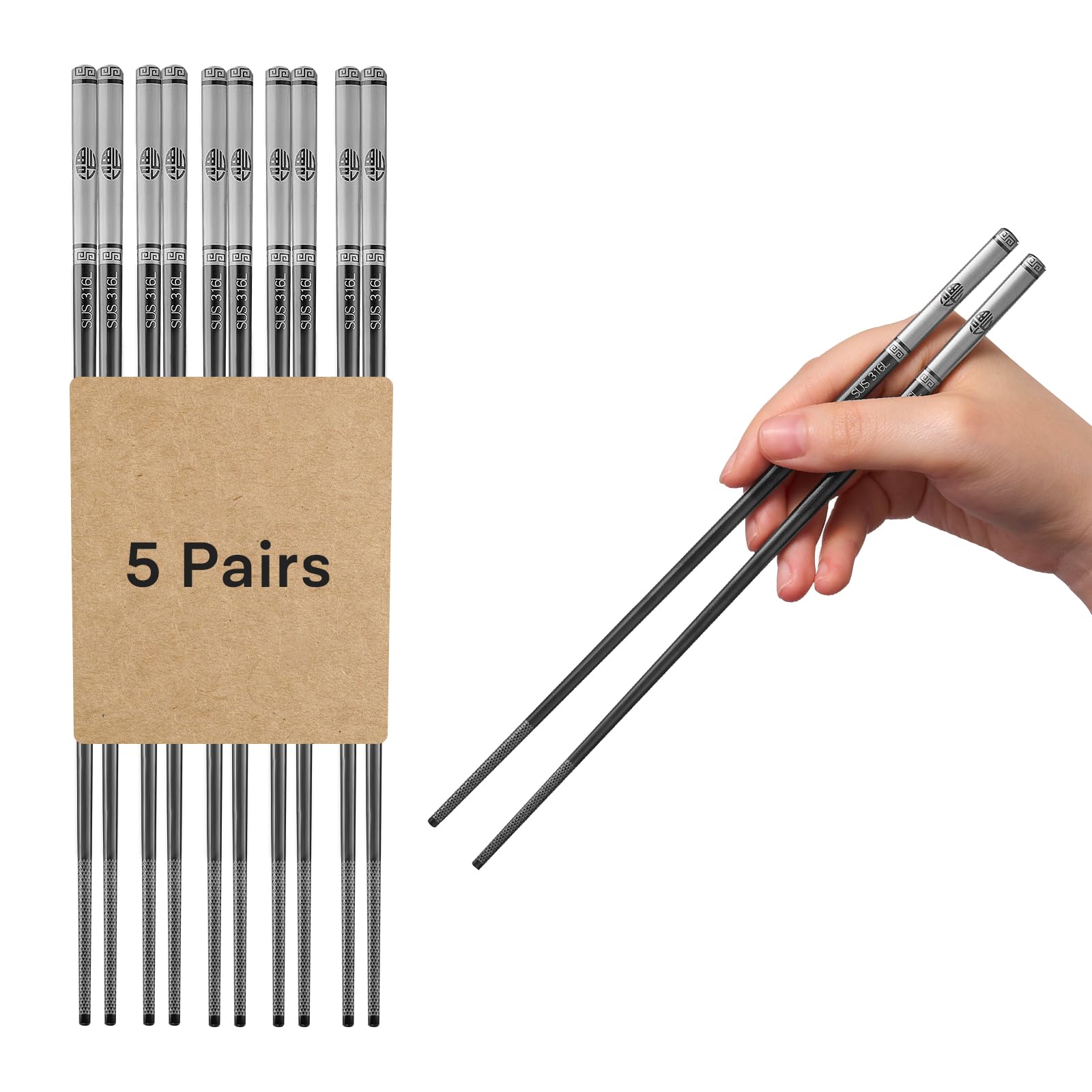 Stainless Steel Chopsticks Set of 5 Pairs, Dishwasher Safe, Non-Slip Design, Rust-Resistant, Durable Chopsticks for Everyday Family Use — Amazon image 8