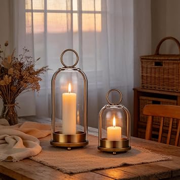 Brass Candle Holder with Glass Dome, Hurricane Glass Lantern Set of 2 | 5"x11" & 4.5"x7.6", Hanging or Tabletop Candle Holder Lantern Decor for Home, Centerpiece