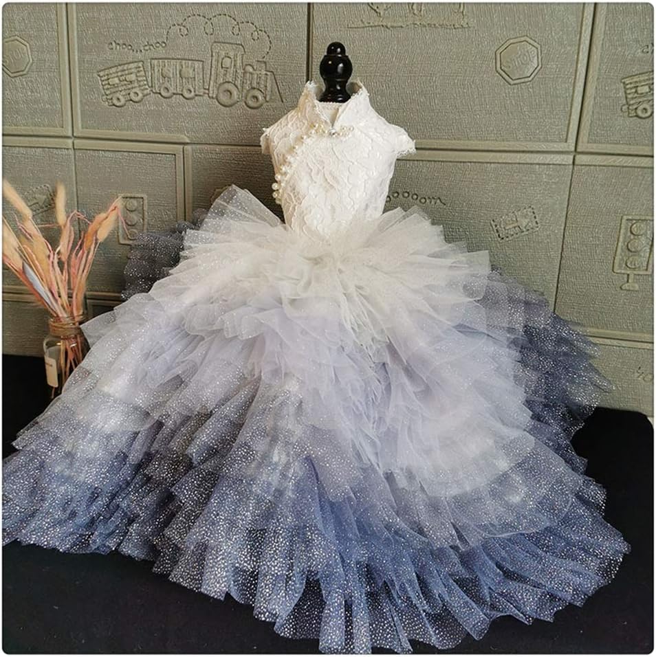 Handmade Dog Clothes Dog Dress Fairy-Tale White Lace Gray-Blue Gradient Tulle Skirt Chapel Train Pet Trailing Gown (X)