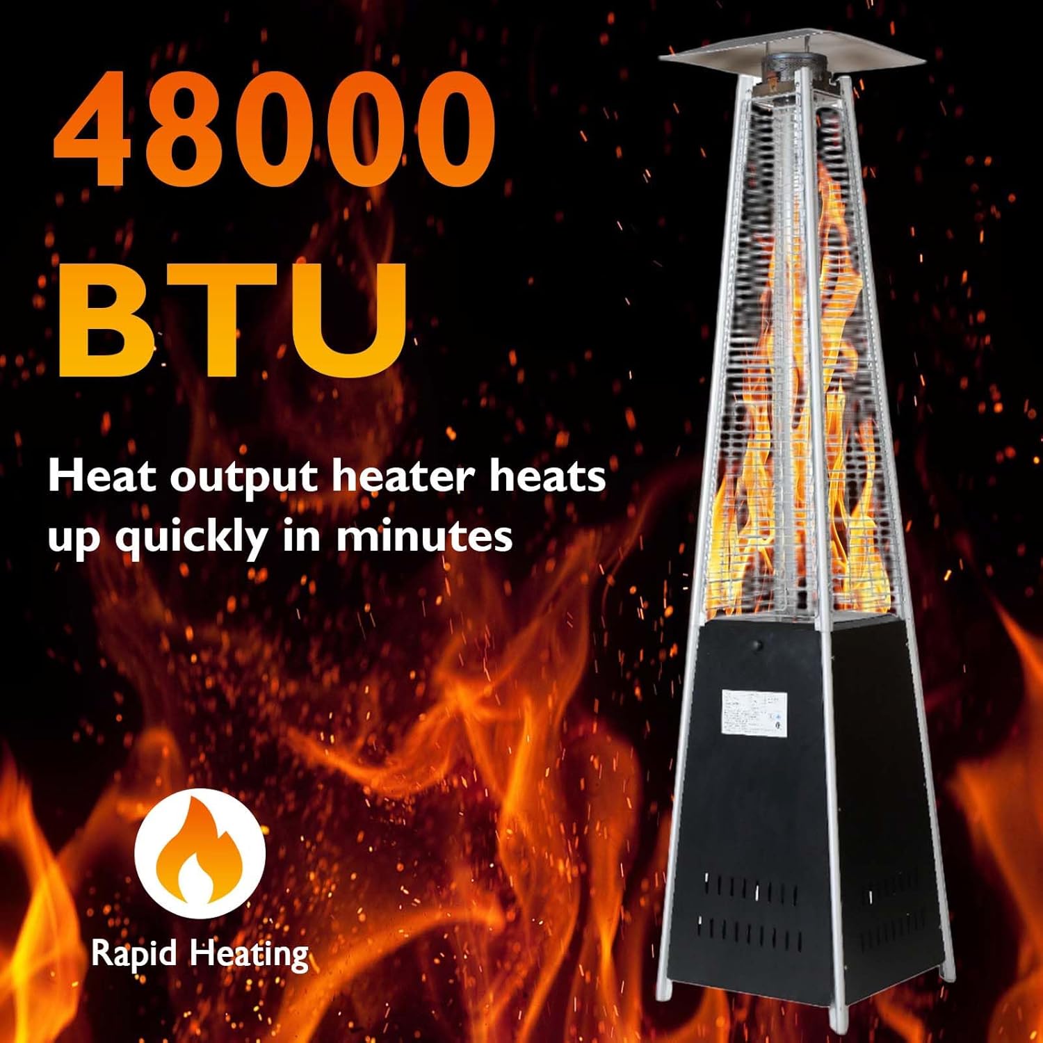 48,000 BTU Propane Patio Heater with Wheels, Quartz Glass Tube Pyramid Design, Includes Cover - Perfect for Parties, Backyard, Garden, Poolside, Commercial & Residential Use (Black)