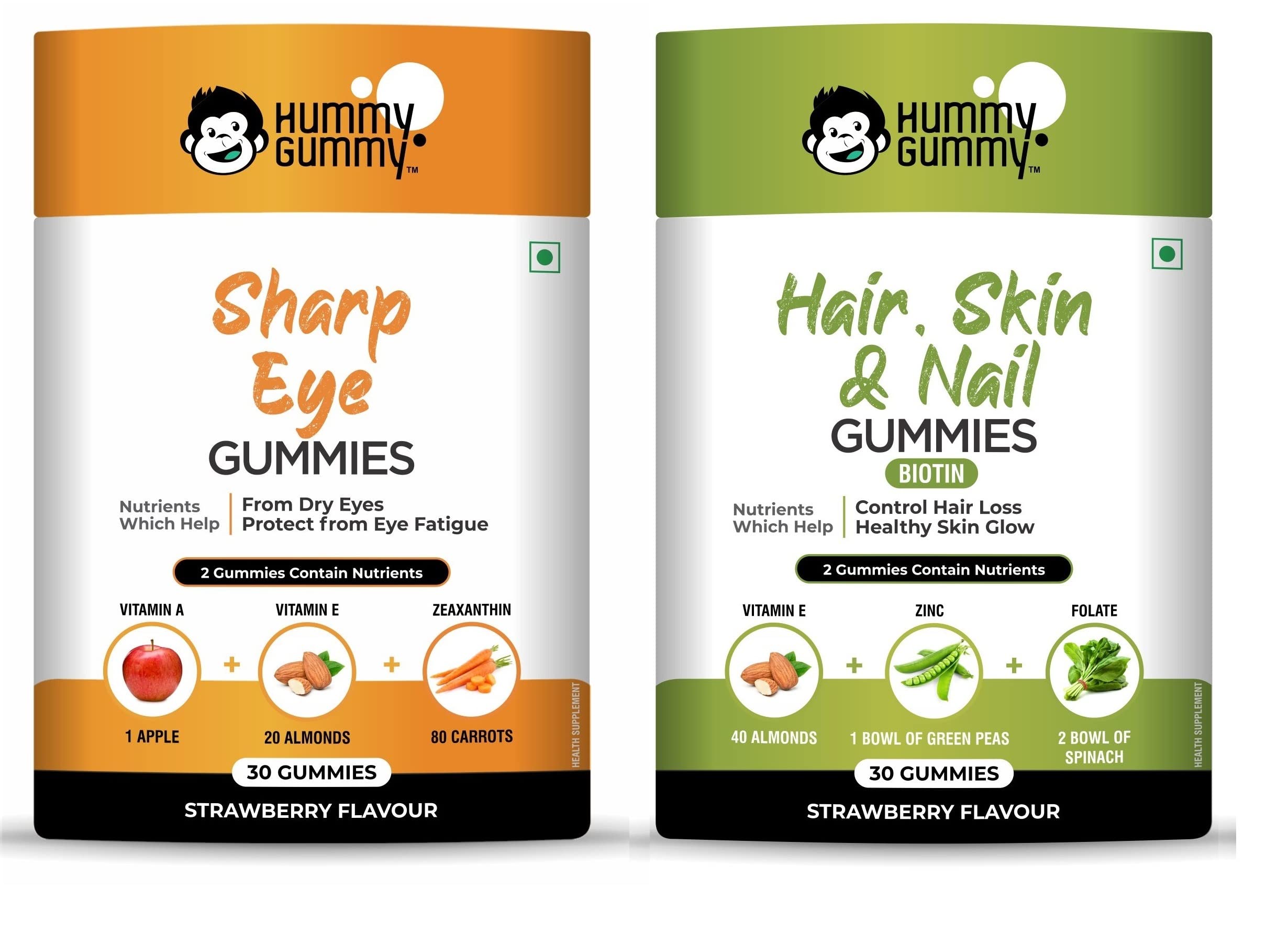 HUMMY GUMMY Combo of Sharp Eye Gummies & Hair, Nail & Skin Gummies – (Pack Of 2, 60 Gummies) / Protects Against Dry Eyes, Digital Strain/for Hair Growth, Bright Skin & Strong Nails Notice