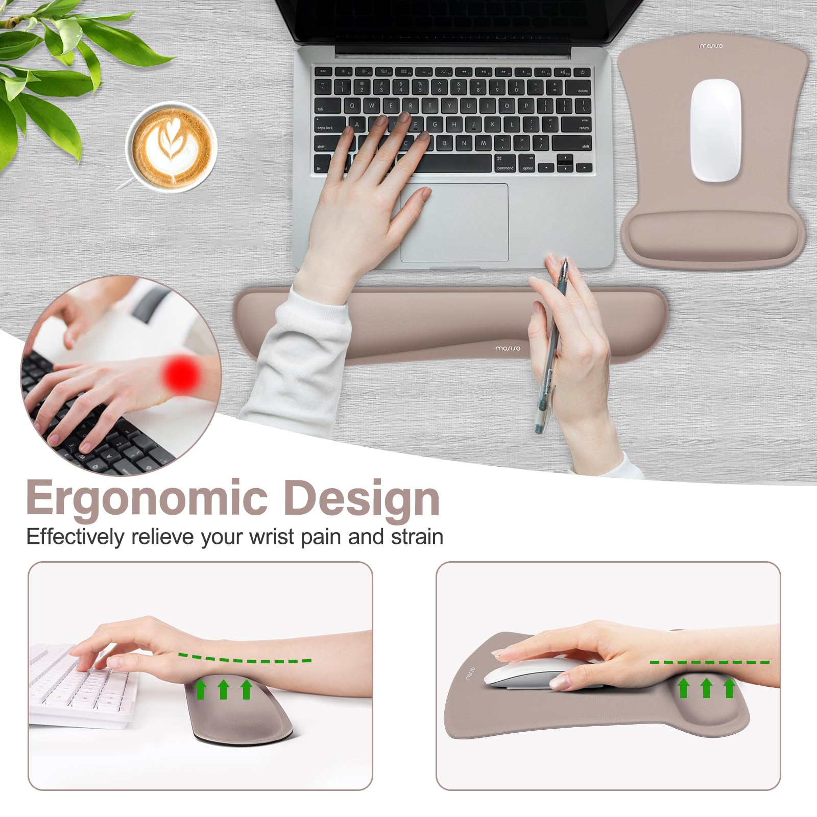 MOSISO Reposamuñecas para Tapa Ratón y Teclado, Alfombrilla Ratón Ergonómico Base Antislip Hogar/Alivio Dolor Oficina y Cojín Easy Tipe con tela de Neopreno y Espuma Viscoelástica, Marrón Taupe
