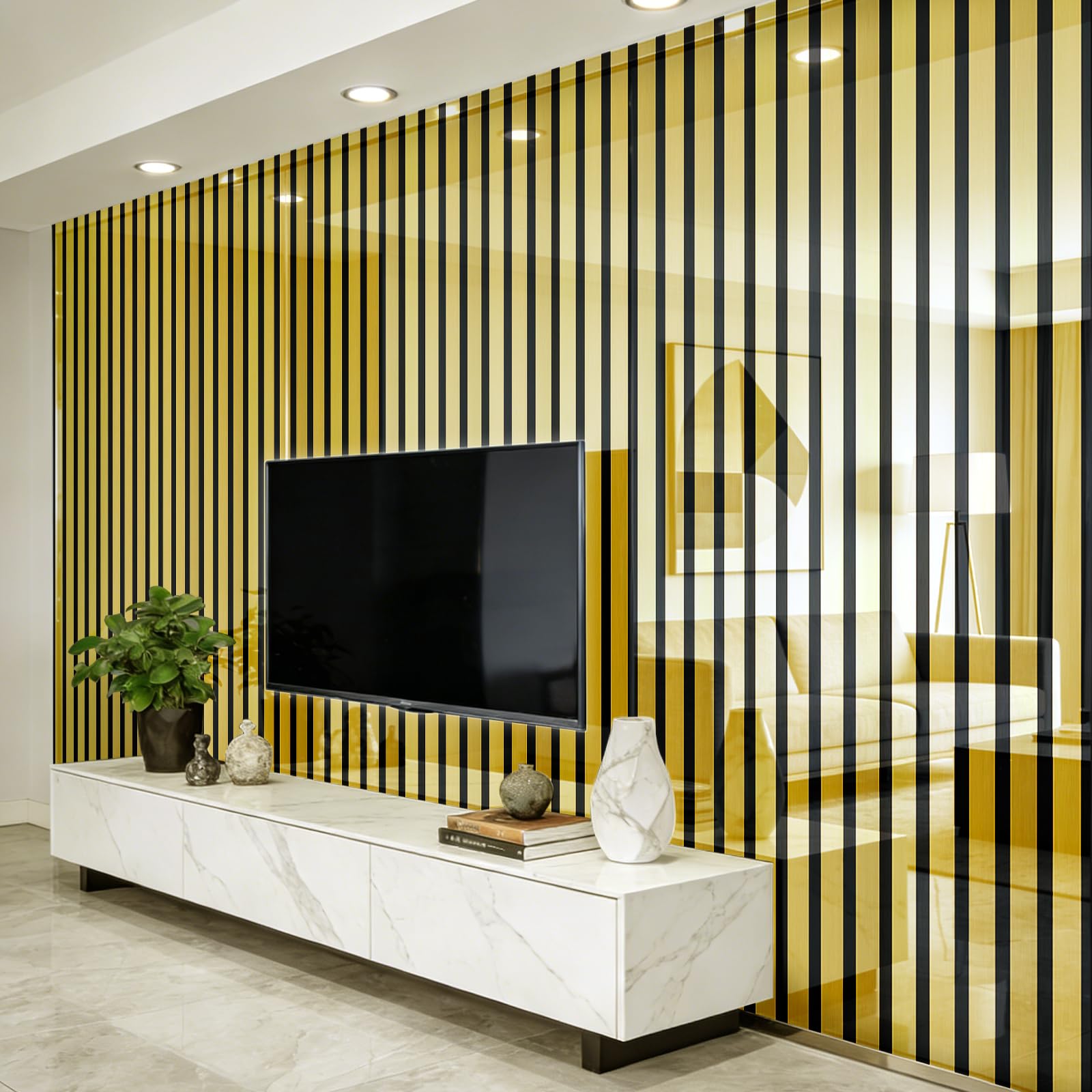 Snewvie Gold Mirrored Self Adhesive Wallpaper, 2.2mm Thick 3D Striped Mirror Wallpaper Peel and Stick, Waterproof Soundproof Decorative Wall Paper for Living Room Bedroom(1 Roll 40x300cm)