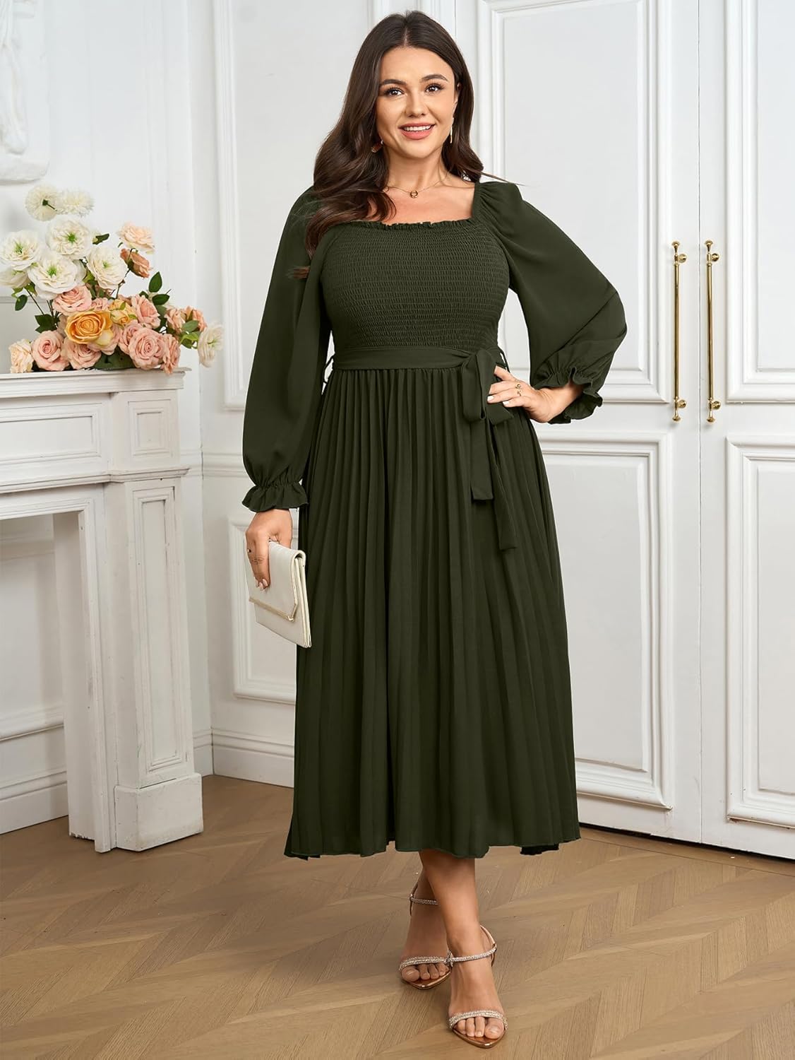 Women's Plus Size Dress Long Sleeve Smocked Square Neck Ruffle Pleated Flowy Wedding Guest Maxi Fall Dress - Image 8
