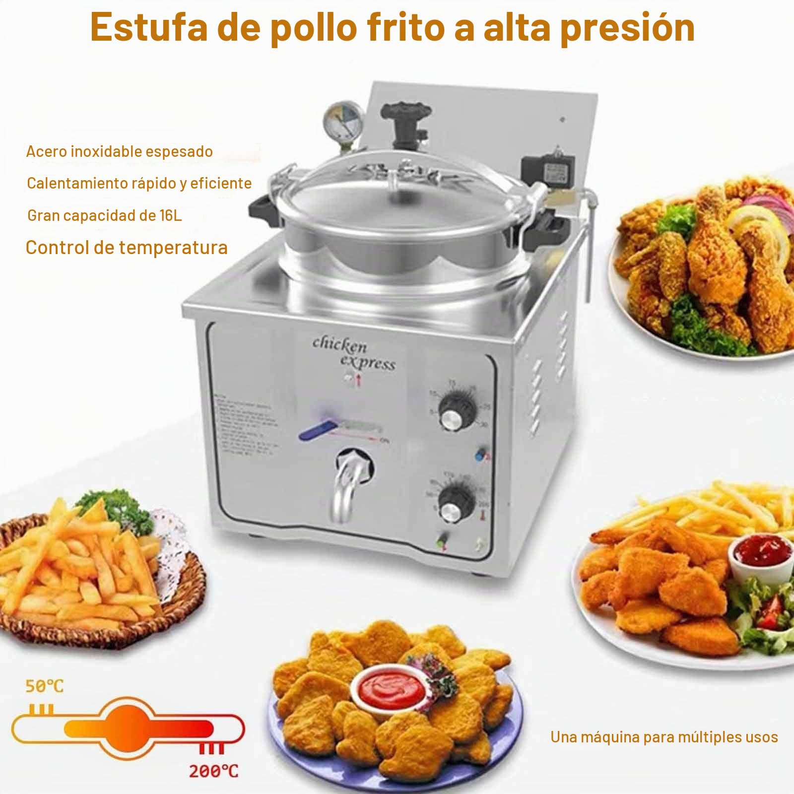 Freidora a Presión Eléctrica de Encimera 16L, Freidora a Alta Presión en Acero Inoxidable, Máquina Comercial con Temporizador para Pollo Frito, Snack Bars y Restaurantes (3000W)