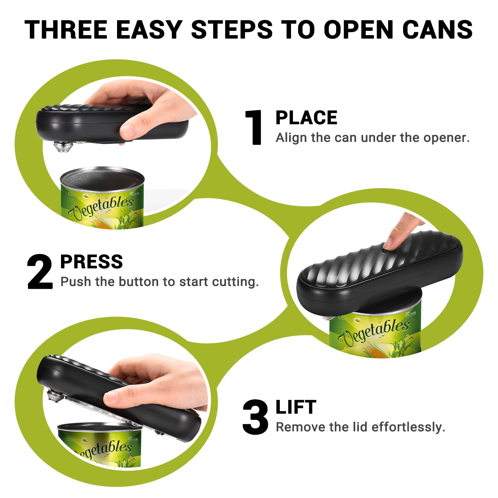 Electric Can Opener for Seniors Rechargeable Hand Held Automatic Kitchen Can Opener with Smooth Edge, One Touch, Easy to Use, Safe & Hands Free Operation for Elderly, Arthritis Users, Black (Black)