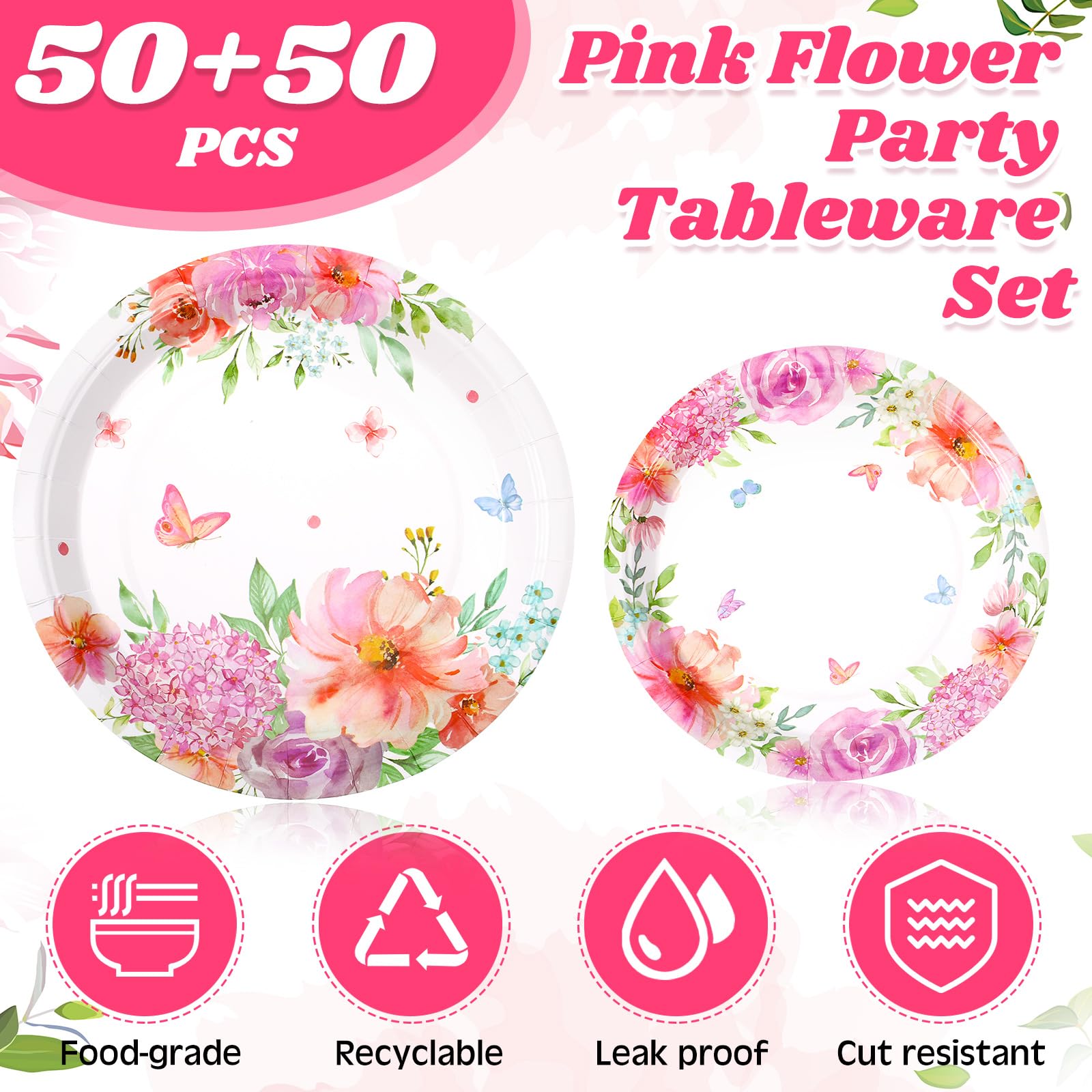 Mumufy Confezione da 100 piatti di carta floreali ad acquerello e fiori rosa primaverili piatti da dessert piatti da tè per matrimoni, addio al nubilato, fidanzamento, compleanno cena