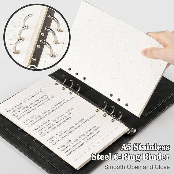 PU Leather A5 Ring Binder Notebook, 6 Ring Binder with 200 Sheets Refill Papers, Planner with Dividers, Gifts for Women and Men, Refillable Notebook for Office, School and Travel (Black)