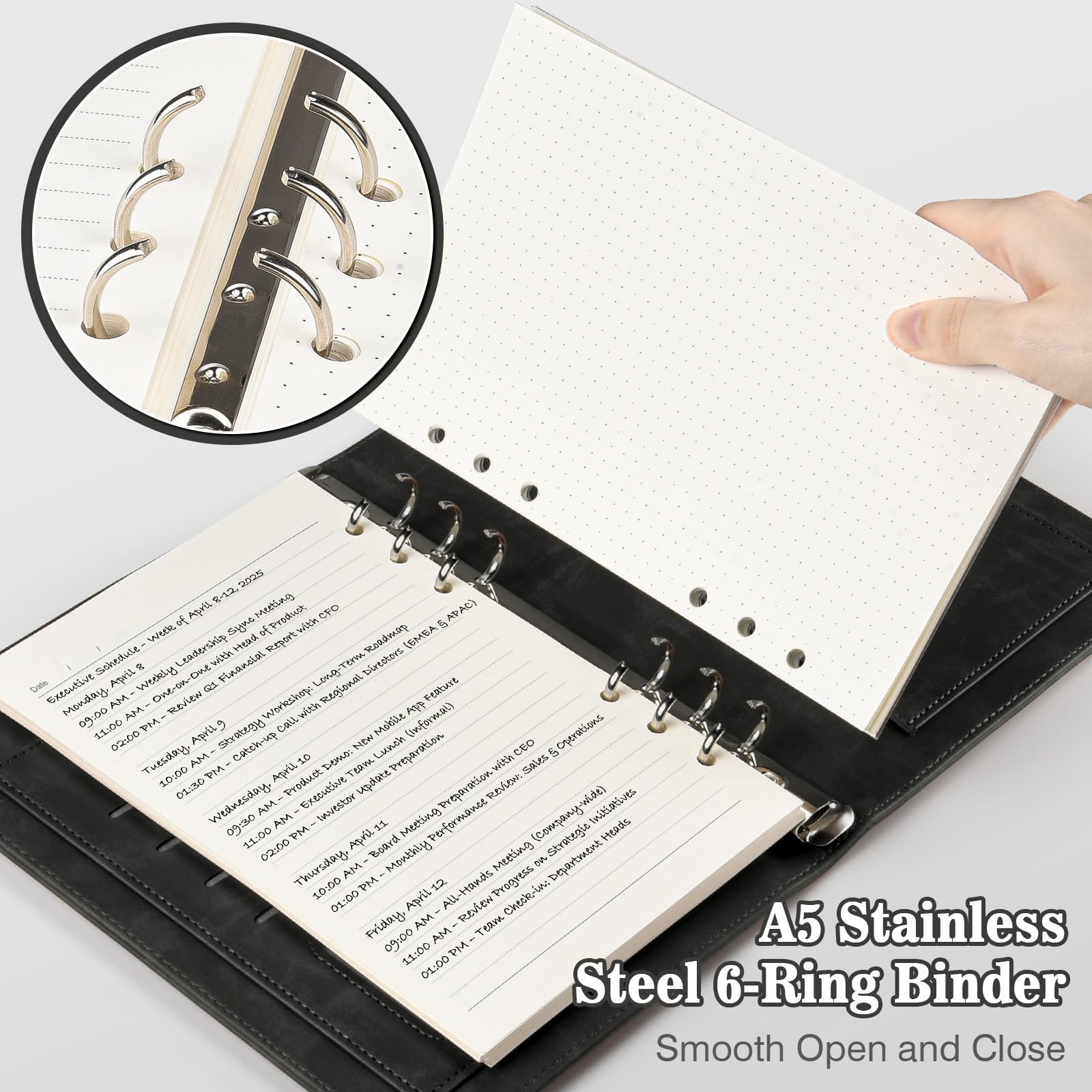 PU Leather A5 Ring Binder Notebook, 6 Ring Binder with 200 Sheets Refill Papers, Planner with Dividers - Image 4