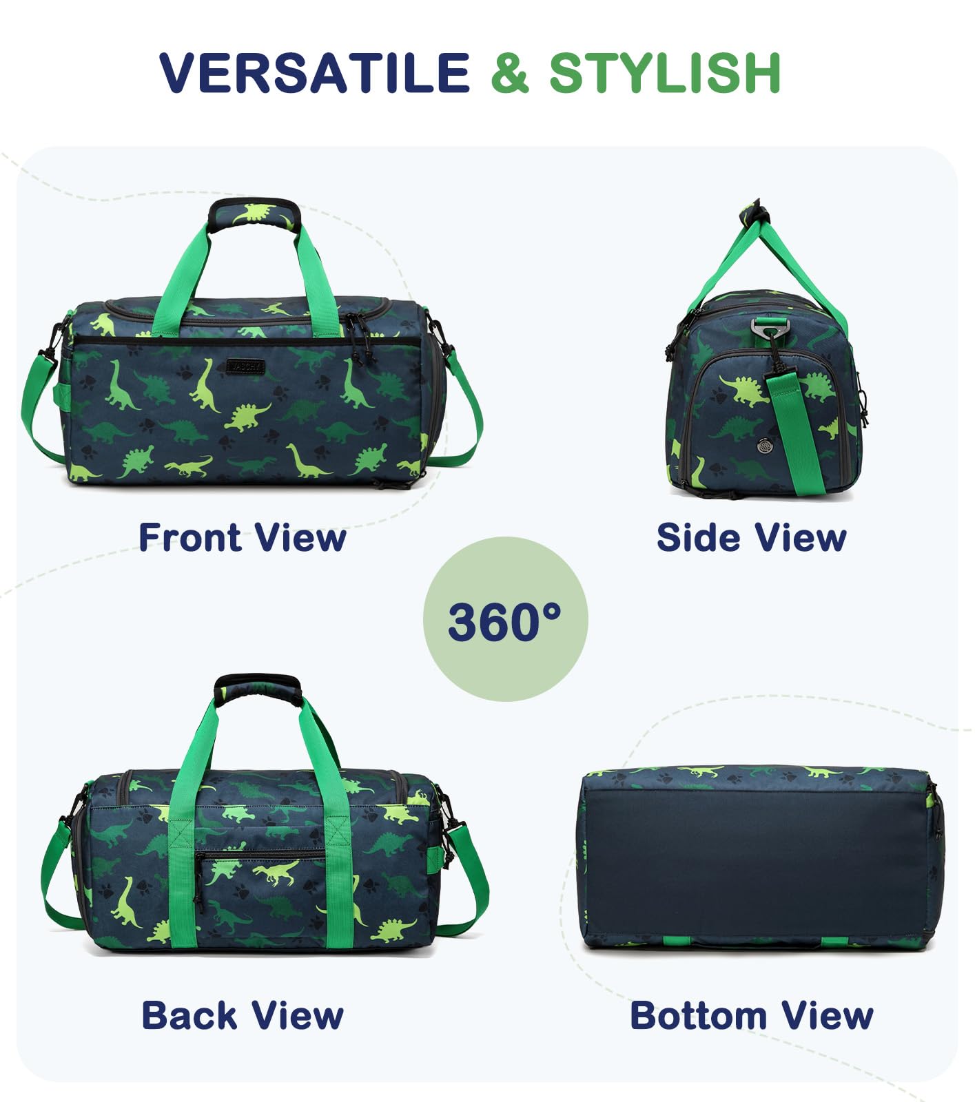 VASCHY Borsa Piscina Bambino, Borsa da Viaggio Bambini 24L Impermeabile con Compartimento Umido-Seco per Palestra Dinosauro Verde