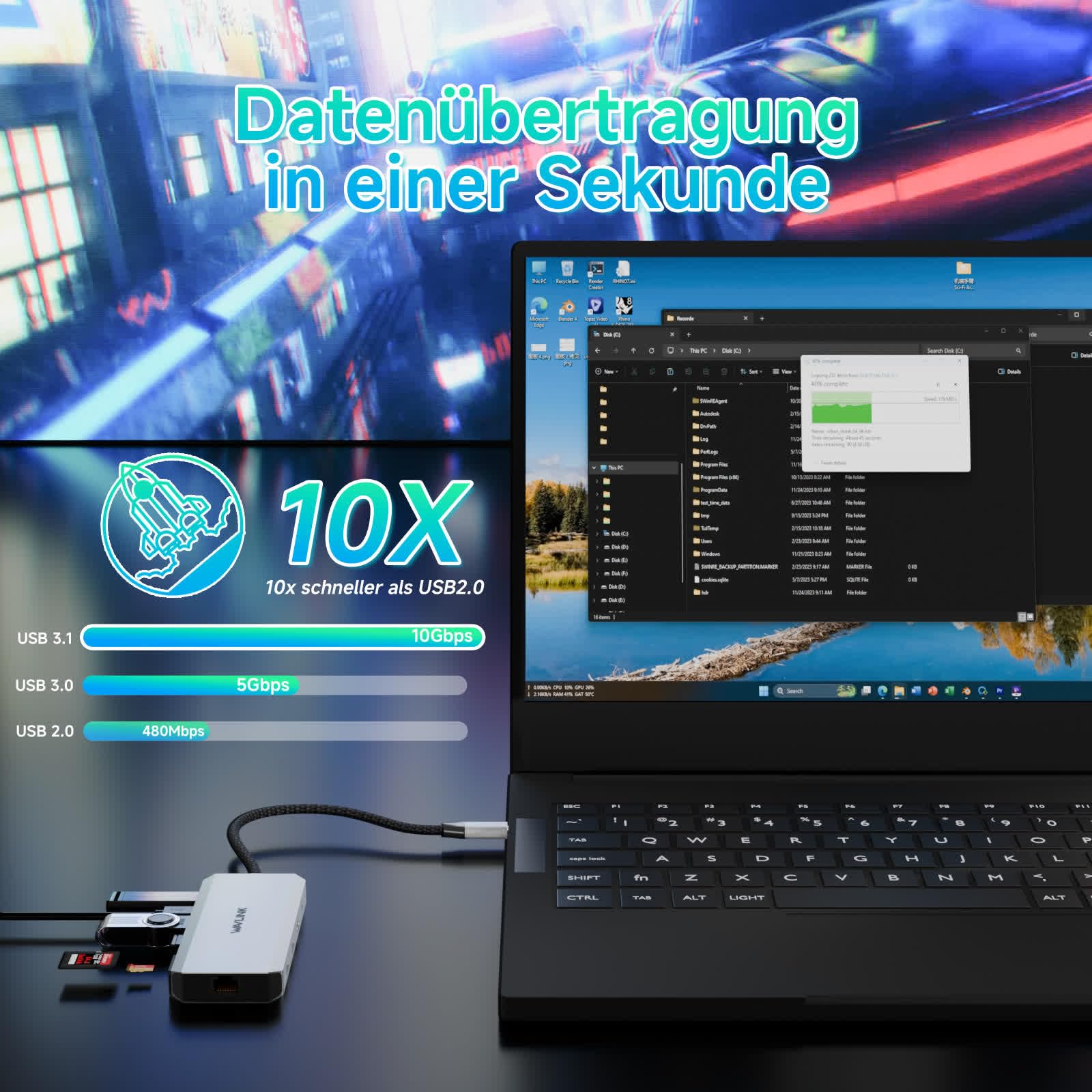 WAVLINK Laptop Docking Station, Displayport Docking Station mit Dual DP, HDMI, 100W PD IN, 10Gbps USB A/C, 2,5G Ethernet Port für Dell/HP/Lenovo usw., nur für Windows Systerm Computer