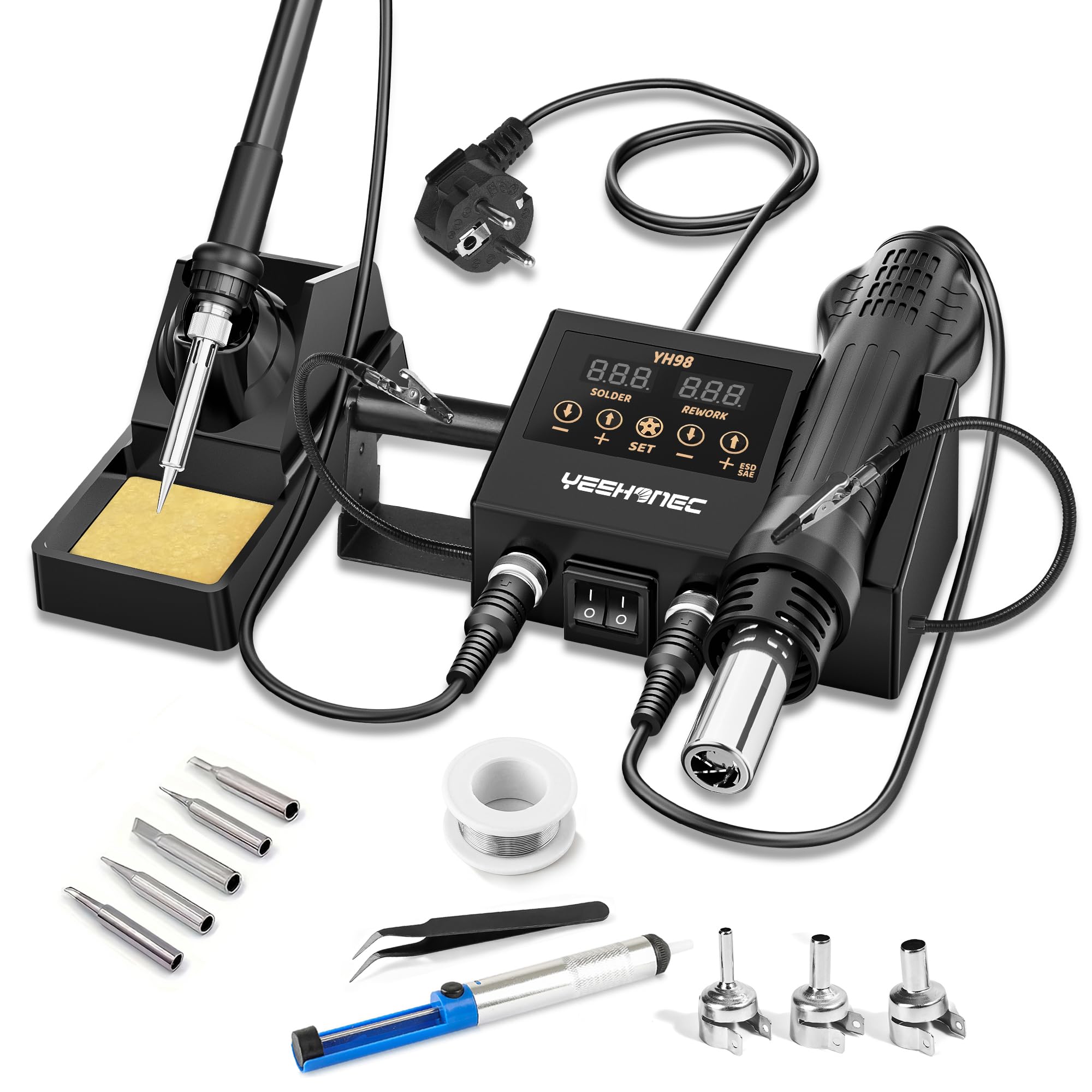 600W Station de Soudage 2 en 1, Fer a Souder + Pistolet Thermique, Affichage LED, Température Réglable 100-500°C, Conversion °C/°F, Étalonnage de la Température et Fonction Sleep