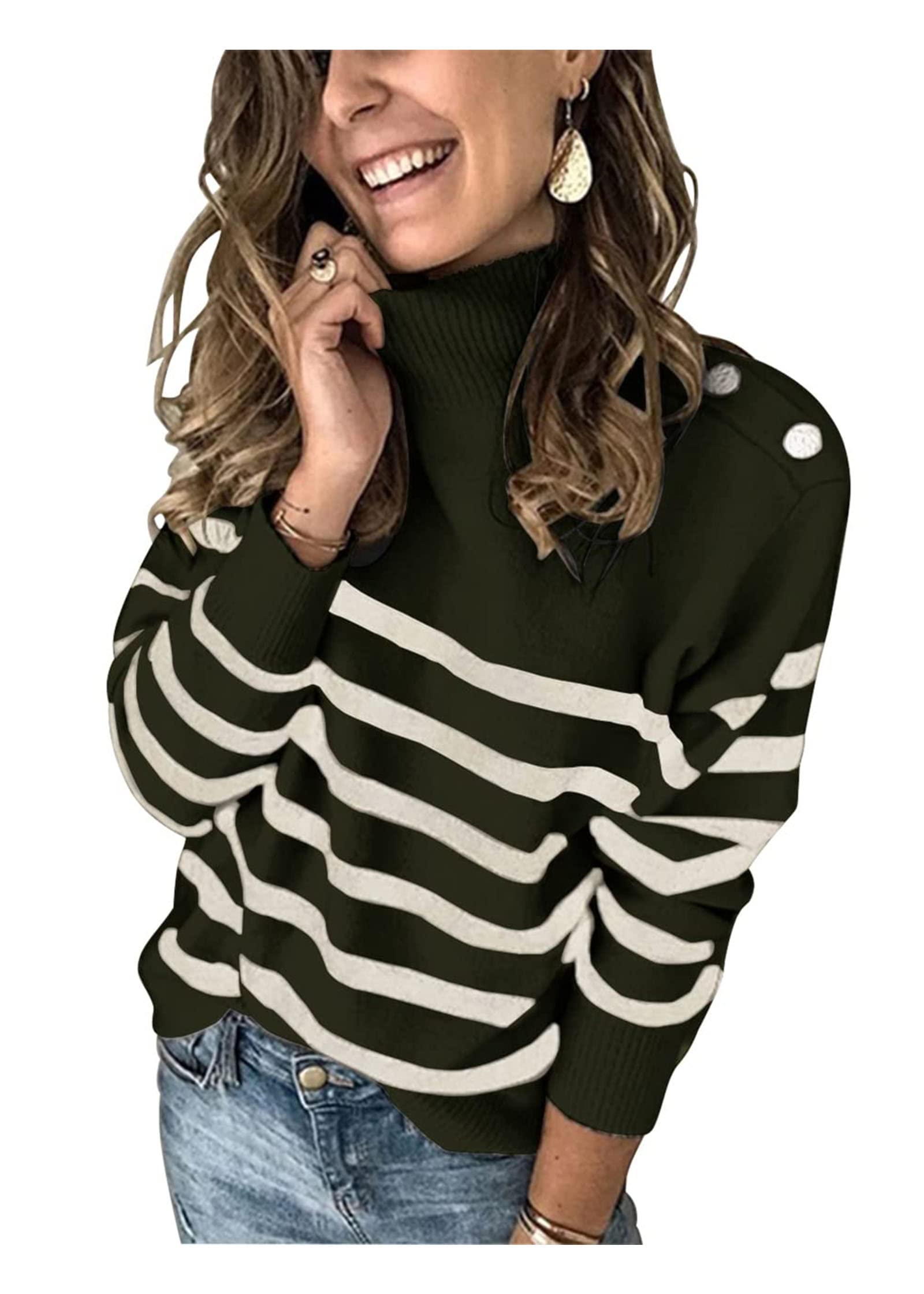 KIRUNDO Fall Sweaters for Women Striped Turtleneck Sweater | Ribbed Knit, Mock Neck, Long Sleeve, Trendy Pullover Jumper, Shoulder Decoration Button, 2026 Autumn Winter Fashion Clothing