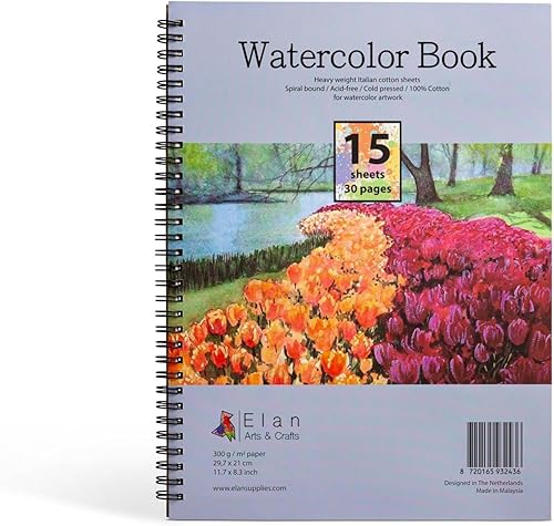 Elan Papel de acuarela A4, papel de acuarela italiano 100% algodón, 15 hojas de papel de 10.58 ozm, cuaderno de bocetos de acuarela A4, papel de