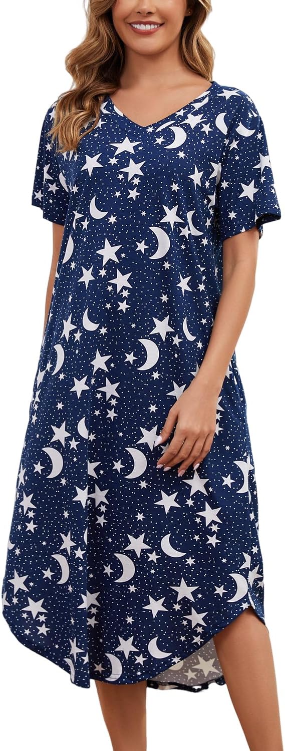 PNAEONG Women Short Sleeve Long Nightgown Soft Cotton Sleepwear Nightshirts Loungewear with Pockets