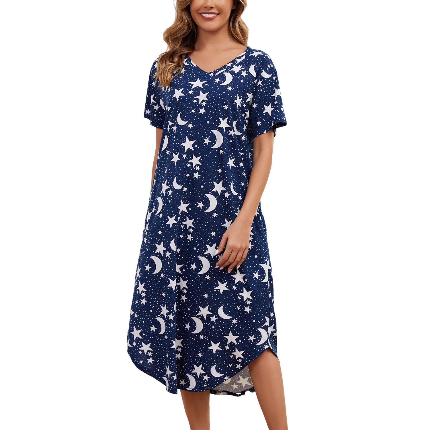 PNAEONG Nightgowns for Women Cotton Short Sleeve Long Nightshirts | Soft Cotton Blend Sleepwear, V-Neck Sleepshirt with Pockets, Long Nightdress, Midi, Below Knee to Mid-Calf, Home, Lounge Wear