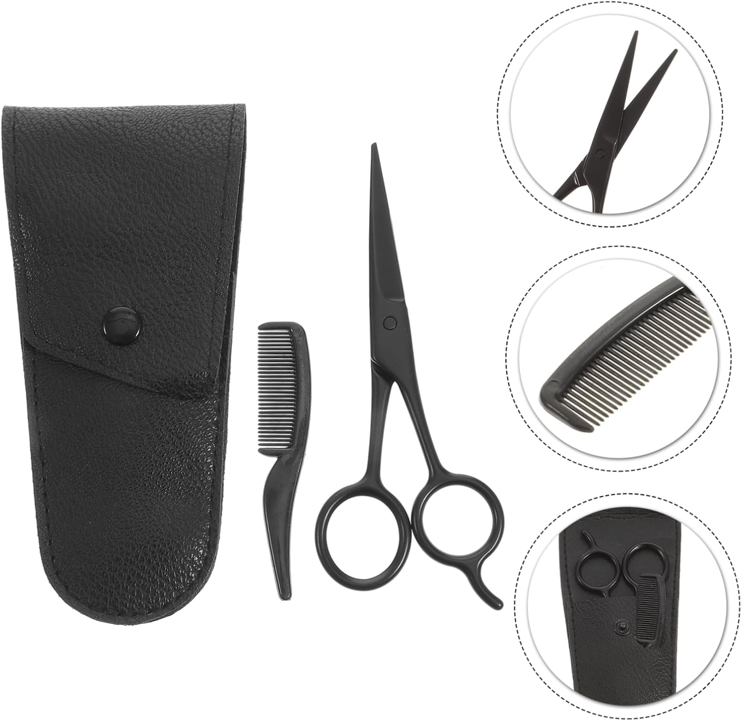 3-Piece Beard Scissors Set Comb and PU Leather Storage Bag Stainless Steel Eyebrow Trimming Tool for Home and Barbershop Grooming