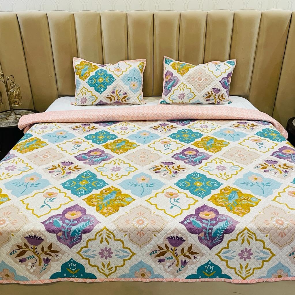 Subtlespreads Premium Cotton Feel Quilted Bedcover for Double Bed King Size with 2 Quilted Pillow Covers - Decorative Bed Cover/Quilted Bedspread Bedsheet, Multicolor Geometric-image-19