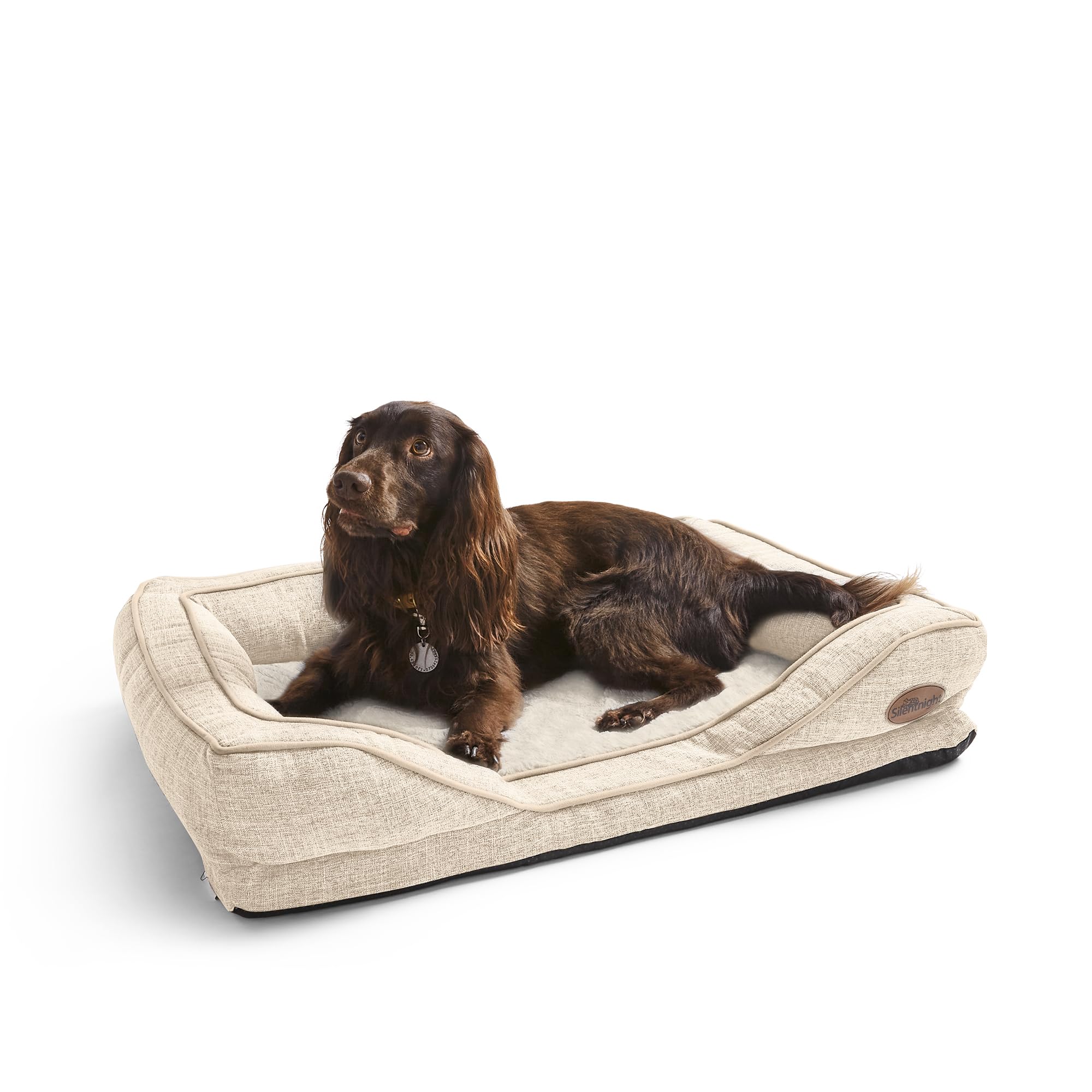 Silentnight Orthopaedic Dog Bed - Cosy Comfortable Pet Bed with Ergonomic Foam Body & Head Support - Super Soft & Sturdy Woven Removable Washable Cover, Non-Slip Base, Medium 59x80cm, Natural