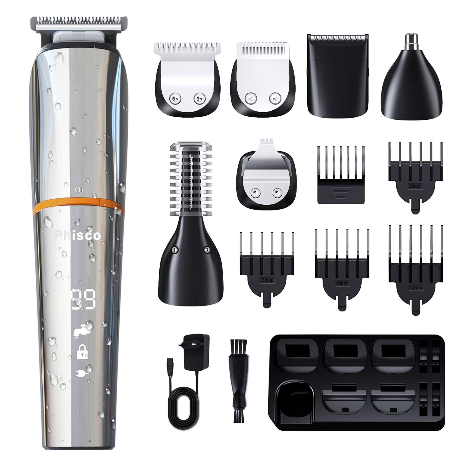 Phisco Hair Clippers Beard Trimmer for Men, Rechargeable Body Mustache Nose Hair Groomer Cordless Precision Trimmer 6 in 1 Grooming Kit for Men Kids and Family Use Wet & Dry