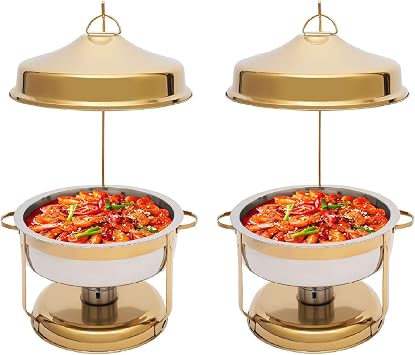 Round Chafing Dishes for Buffet Set of 2, 9.5Qt Stainless Steel Chafers and Buffet Warmers Set with Hanging Top Lid, Gold Serving Food Warmer for Catering, Large Buffet Servers Set