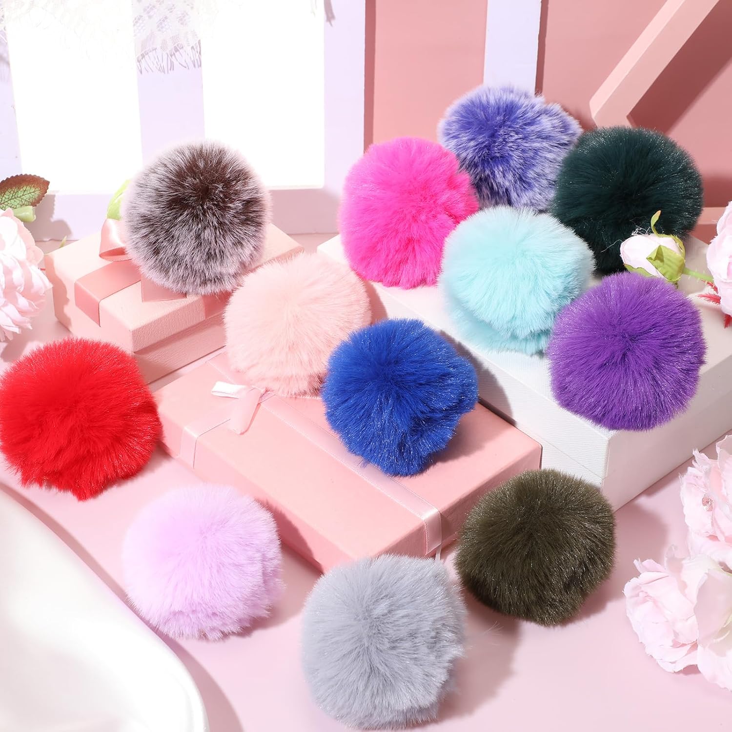 Hicarer 100 Pcs Colorful Pom Poms Keychain Bulk Fuzzy Ball Keychains Pompoms Keyring for Girls Women DIY Thank You Gifts(3.2 Inch)