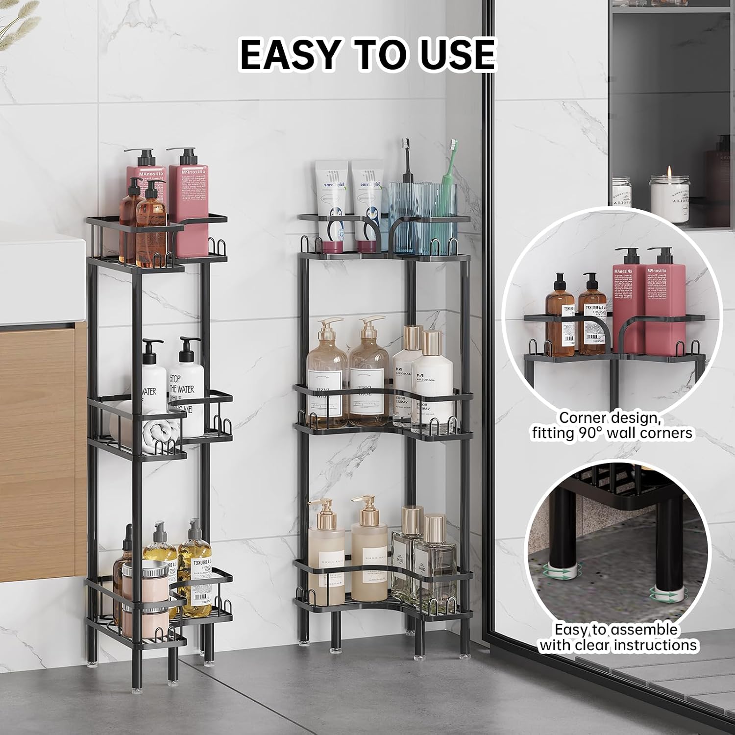 Standing Shower Corner Caddy, 3-Tier Stainless Steel Material Shower Organizer with 12 Hooks - Space Saving Corner Shelf with Adjustable Feet for Bathroom, Compact Spaces (Black, 3 Tiers)
